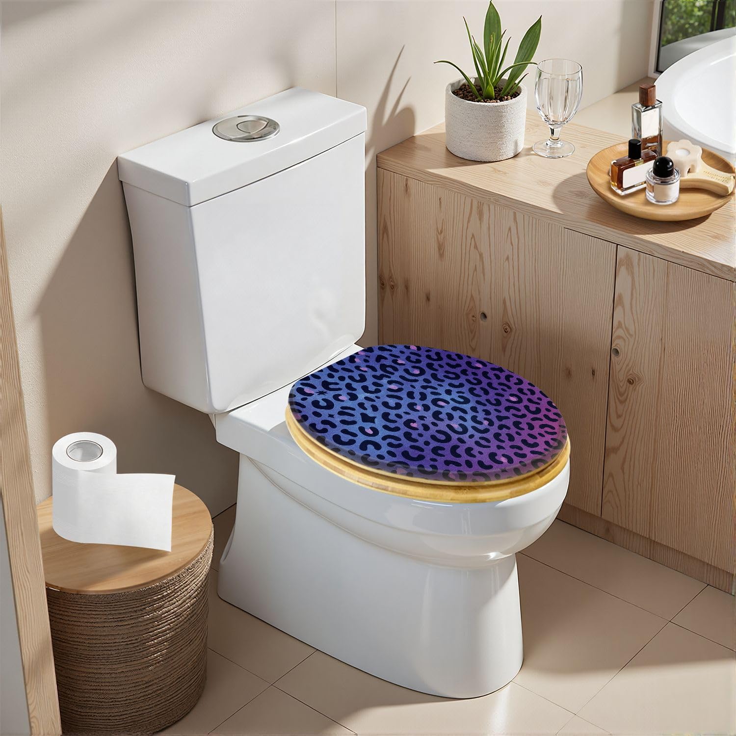 Asiento De Inodoro Decorativo Alargado De Madera para Baño, con Estampado De Piel De Animal Azul Y Rosa, Tapa De Cierre Suave Y Silencioso, Bisagras De Liberación Rápida, con Topes, Fácil De