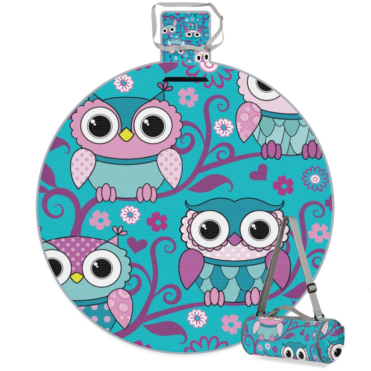 Shimoshe Blue Pink Owl Picnic Outdoor Blanket Foldable Waterproof Sandproof Beach Blanket Portable Water-Resistant Round Picnic Mat for Travel Camping Park Lawn