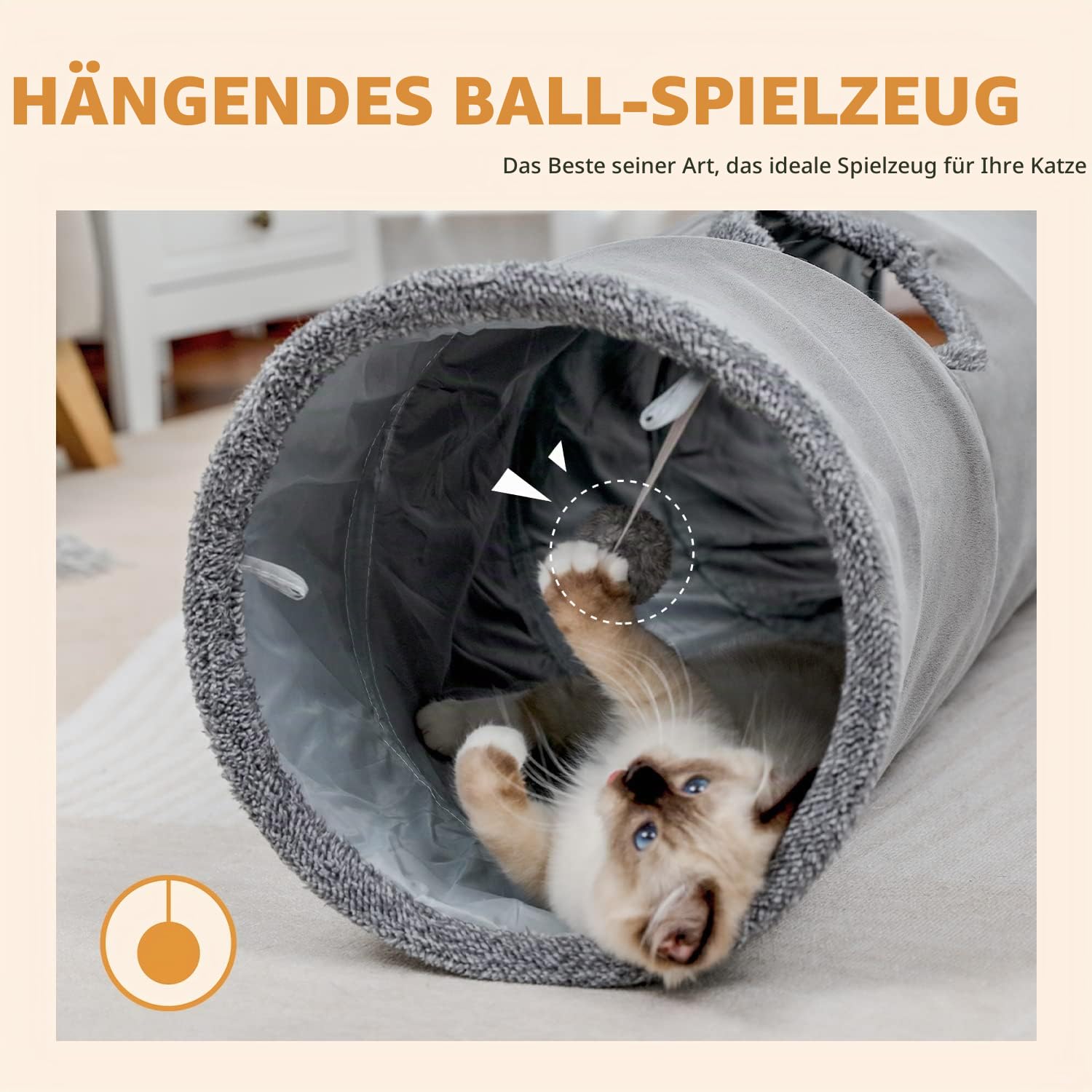 OHANA Schön Faltbar Katzentunnel Katzenspielzeug mit Ball Rascheltunnel für Katzen Welphln Kaninchenoder Kleintiere Grau 130 * 30cm