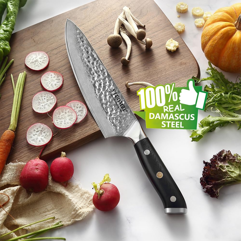 Damascus Chef Knife, 8-inch Damascus Steel Chef's Knife VG10 Forged Kitchen Knife High Carbon 67-Layer Hammered Damascus Cooking Knife, Meat Fruit Vegetable Gyuto Knife w/Ergonomic G10 Handle — Amazon image 2