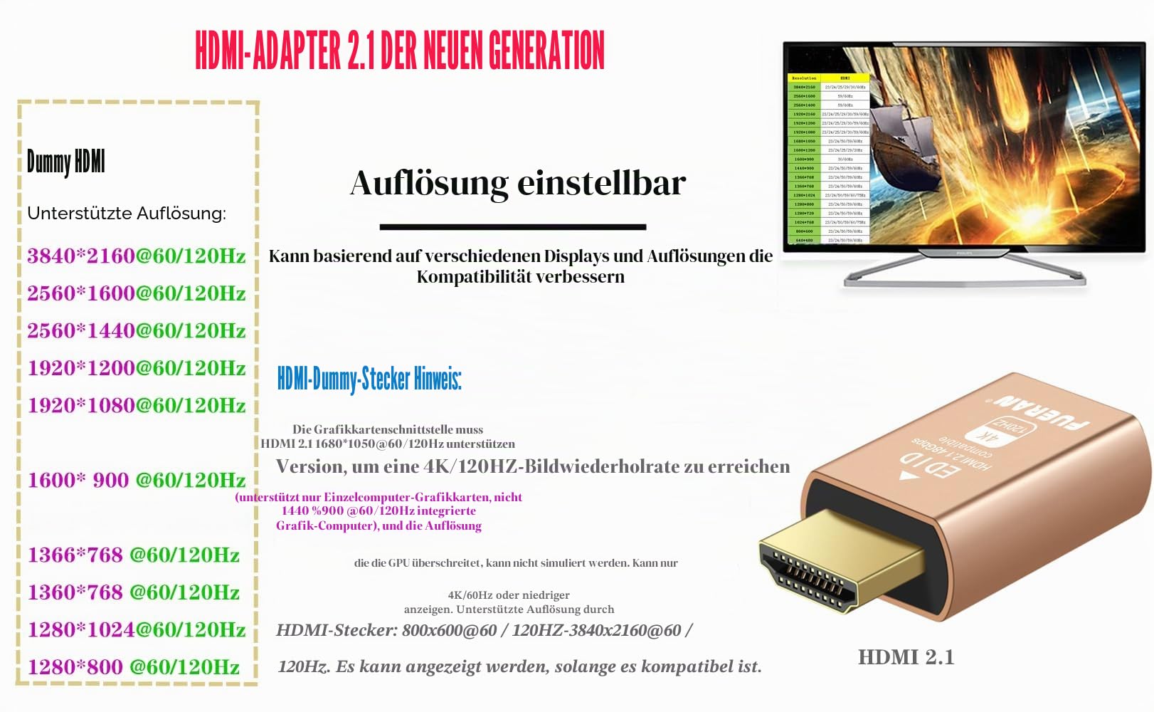 HDMI 2.1 Dummy Plug 4K@120Hz Virtual Display Emulator, Headless Adapter, HDMI Display Adapter, Unterstützt 3840x2160@120Hz, 1440P @ 120Hz, 1080P @ 120Hz, EDID Emulator für GPU/Remote Desktop