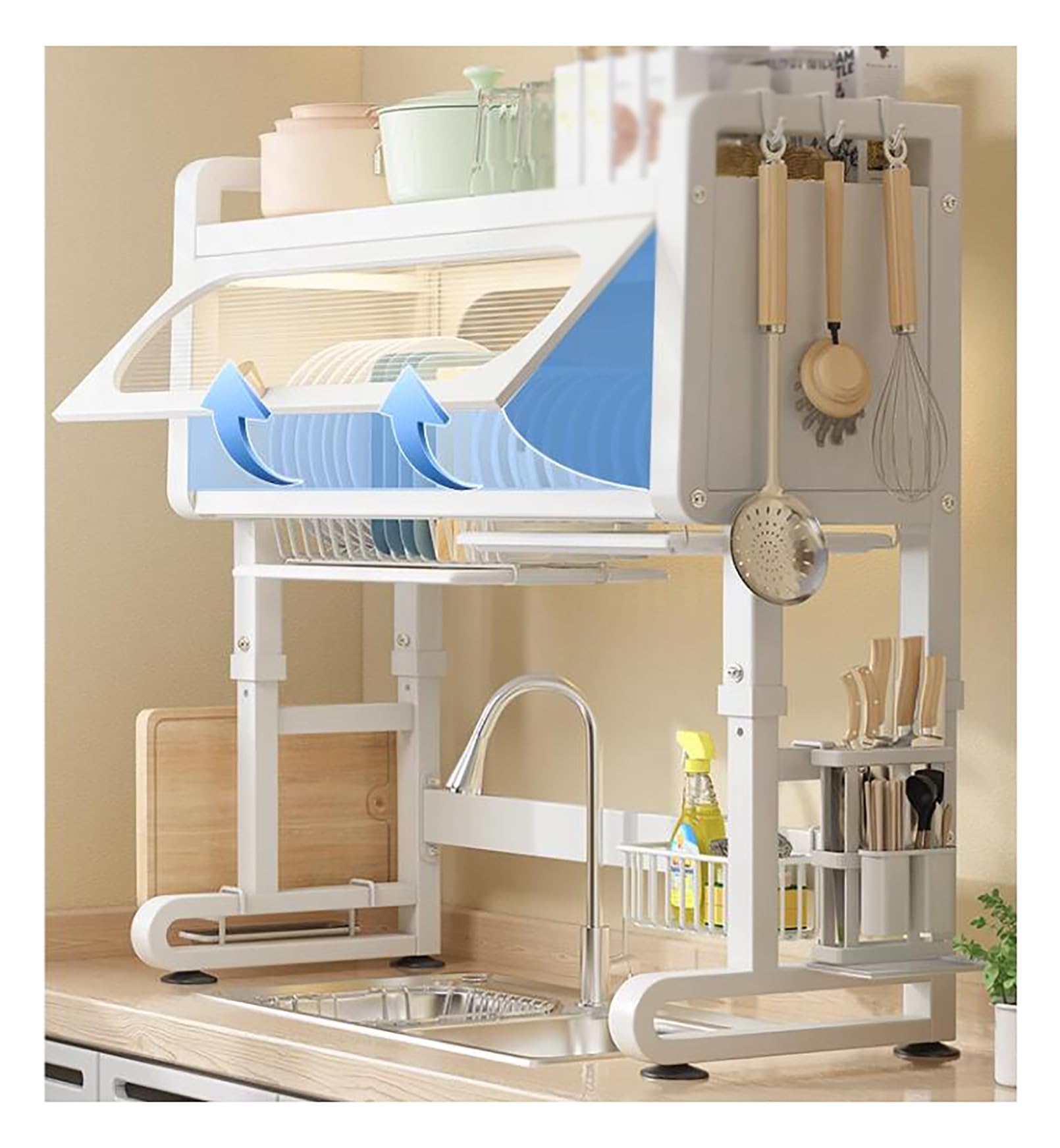 Escurridor de platos ajustable de 3 niveles con panel de drenaje, encimera de cocina con ganchos para sils y soporte de cuchillos, color blanco, ideal para almacenamiento en gabinetes