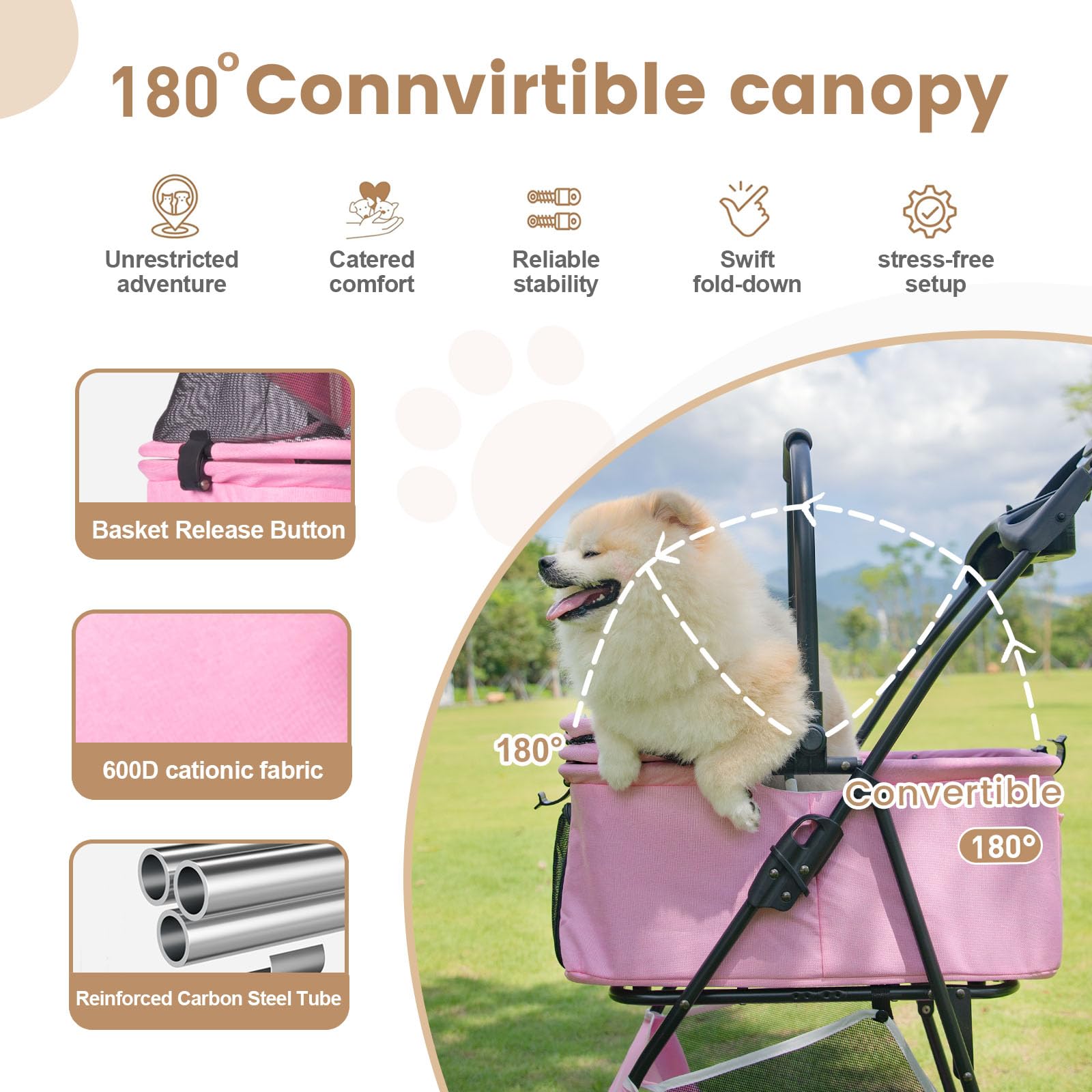 Haustier-Kinderwagen, Faltbarer Katzen-Hunde-Kinderwagen, Haustier-Hunde-Kinderwagen mit Aufbewahrungskorb, 360° Vorderrad Hinterrad mit Bremse, Leichter Reise-Kinderwagen (Rosa-P02C)