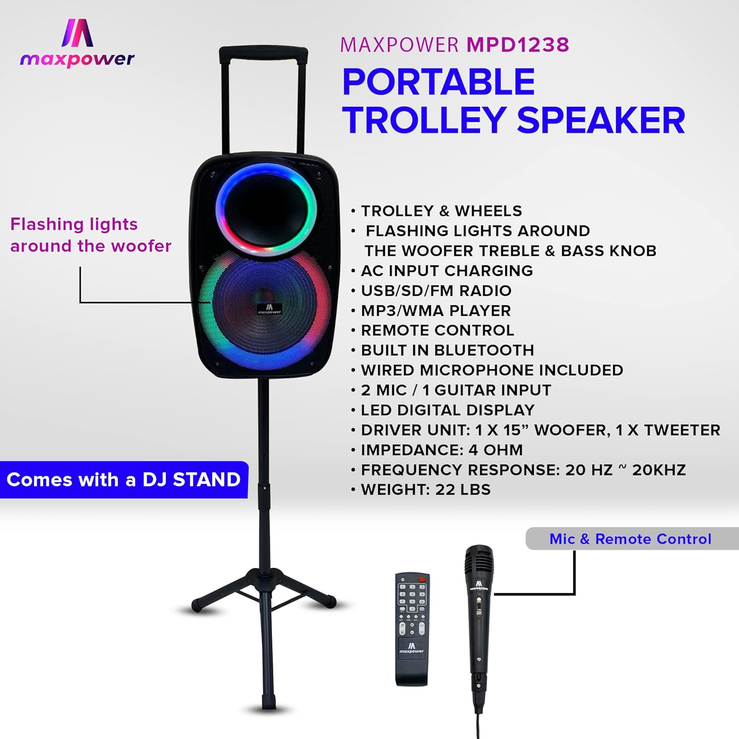 Max Power MPD1238 Portable Karaoke Speaker on its stand, highlighting features like flashing lights, trolley, and various inputs.
