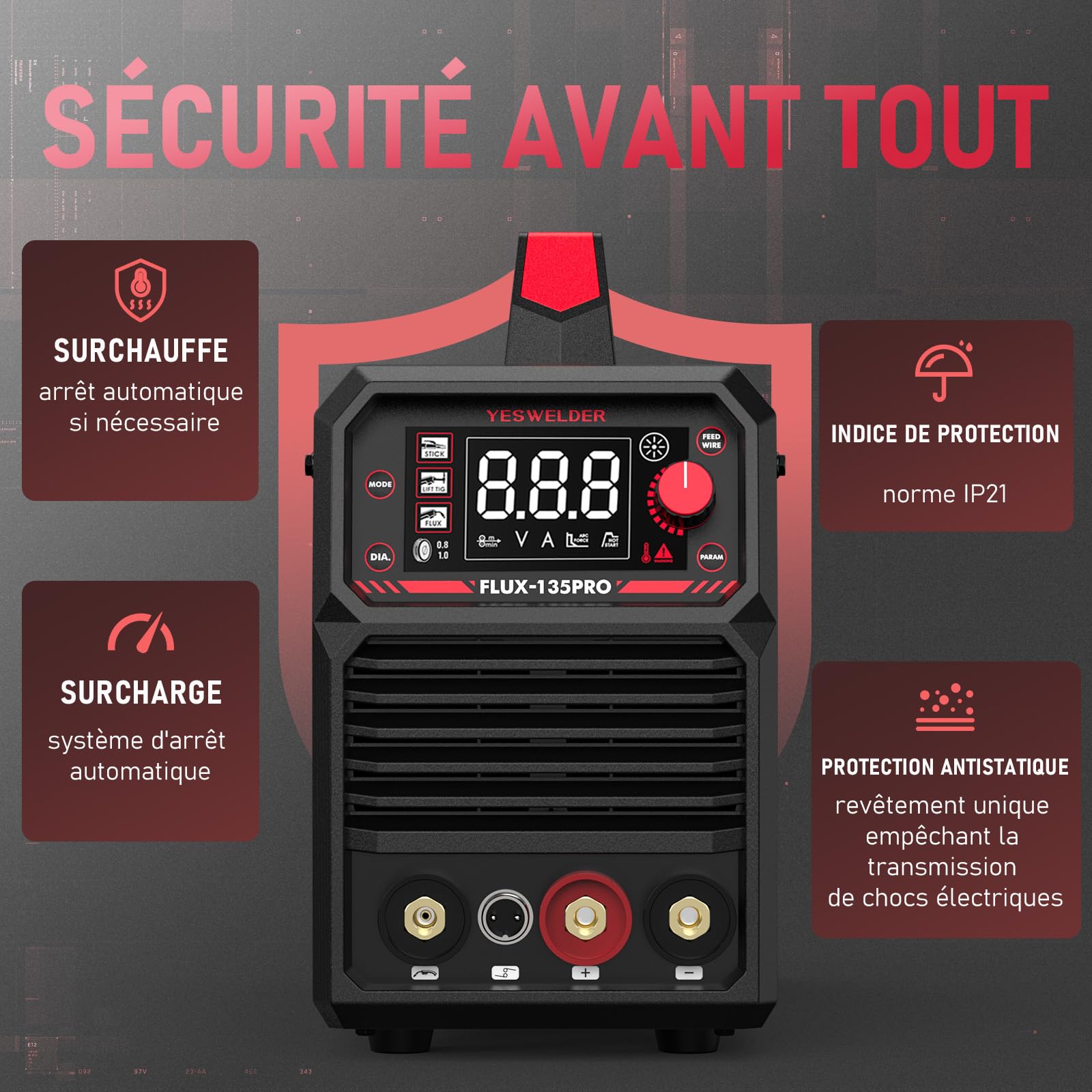 YESWELDER 135Amp Poste a Souder Fil Fourré MIG sans Gaz 230V Poste a Souder Flux MIG/Lift TIG/Stick 3-in-1 Poste de Soudage LED IGBT Inverter avec 2 Unités Fil Fourré