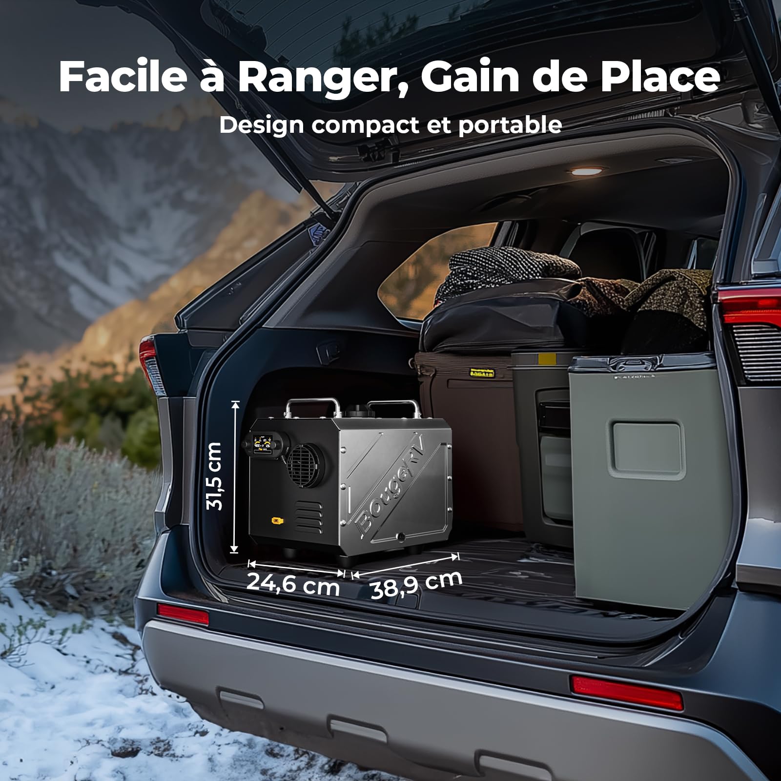 BougeRV Chauffage Diesel 5kW avec Minuteur Pompe Silencieuse Contrôle FB/App Écran LCD Chauffage Stationnaire 12/24V 220V Tout-en-Un Tuyau D'Échappement Vissable Protection Anti-Fuite