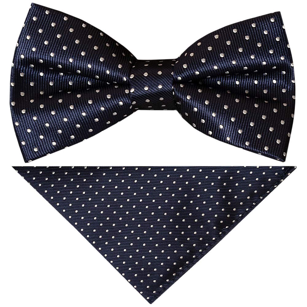 TIES R US Hand Made Navy And White Polka Dot Mens Bow Tie and Handkerchief Set