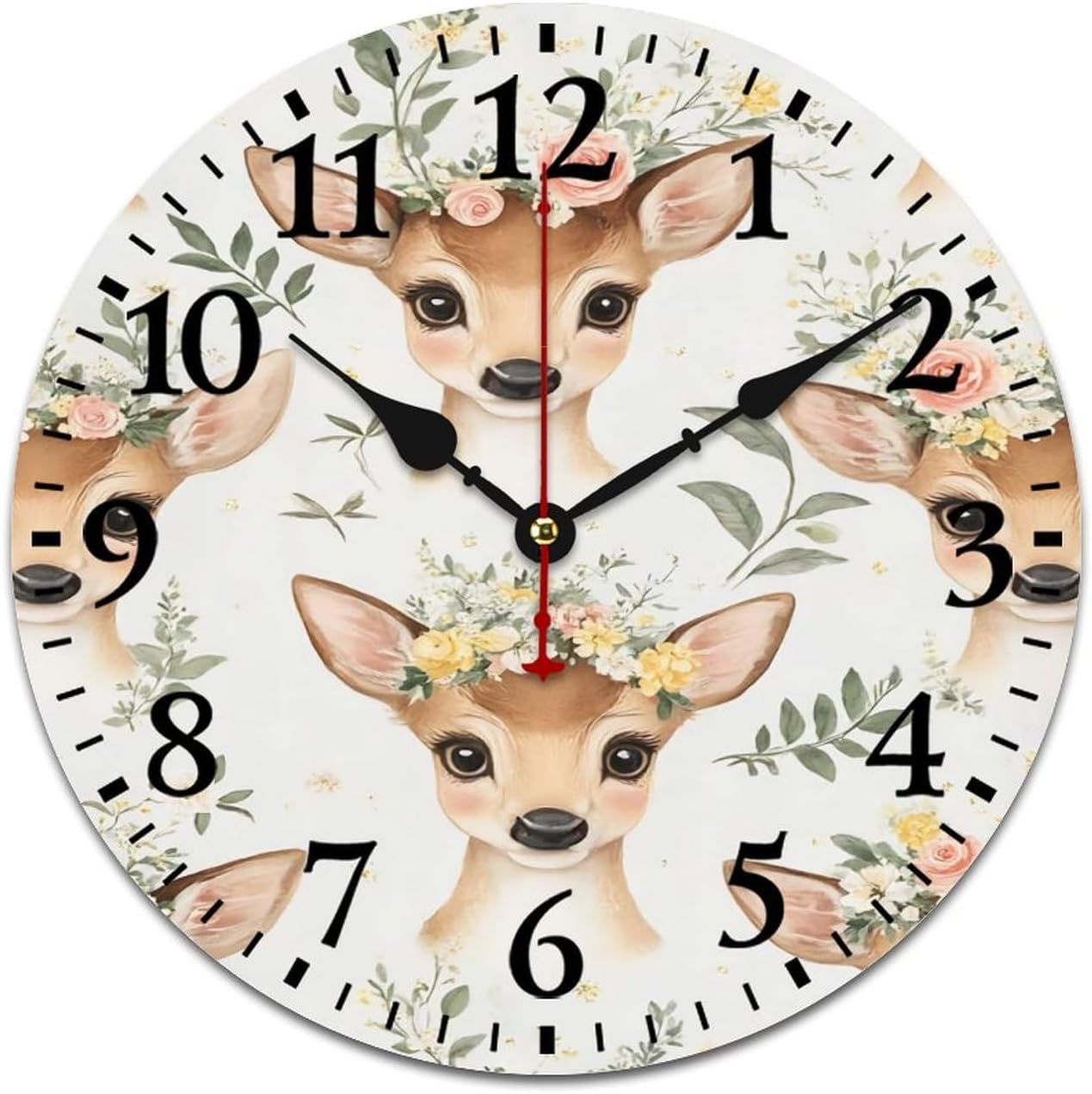 Cute Deer Floral Wall Clock Battery Operated Round Wooden Clocks Silent Non Ticking for Bedroom Office Living Room Classroom Bathroom Kitchen Decor 8 Inch