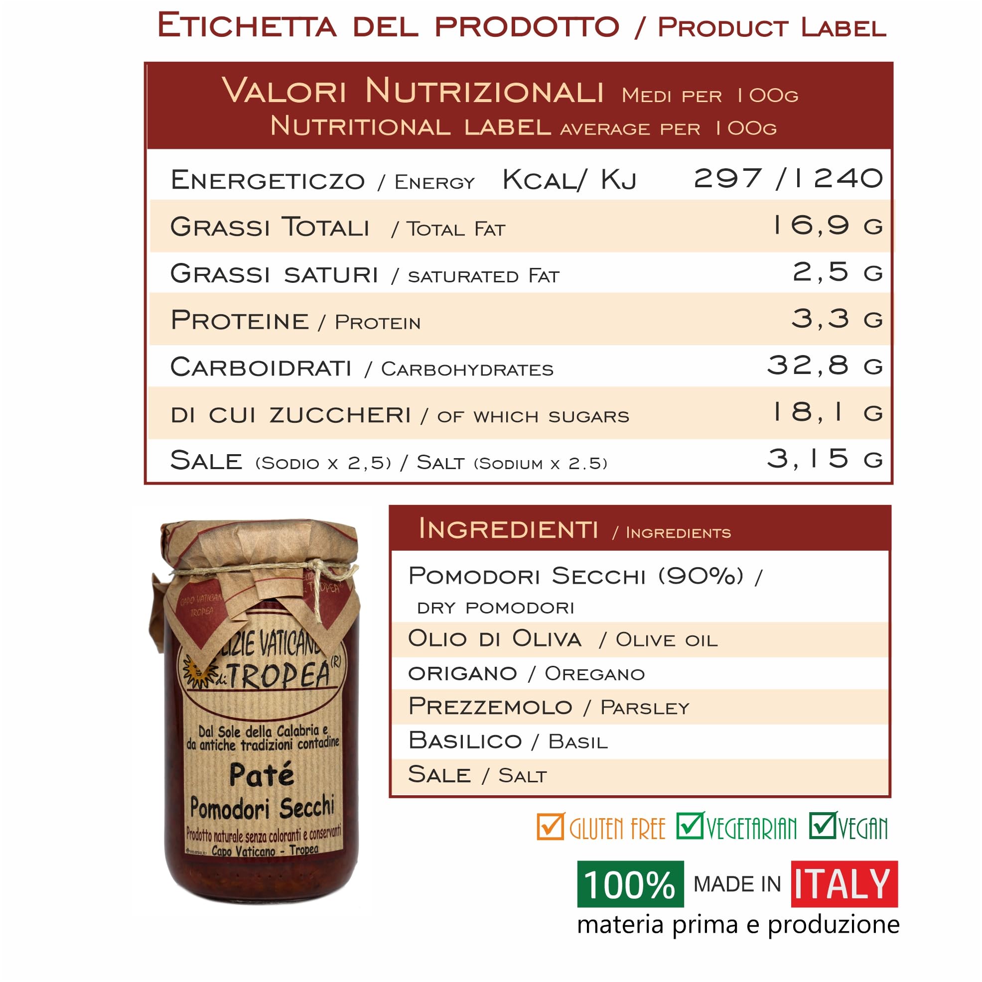 Paté de Tomate Seco 180g | Delicia Calabresa – Perfecto para Bruschetta, Pasta y Queso | Auténtica Salsa Gourmet Italiana por Delizie Vaticane di Tropea