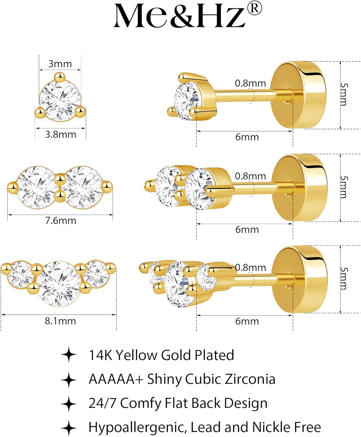 Gold Ear Crawler Earrings for Women 14K Gold Plated Flat Back Earrings Small Dainty Cubic Zirconia Climber Earring Cartilage Stud Earring for Women Hypoallergenic Helix Conch Piercing Jewelry - Image 6