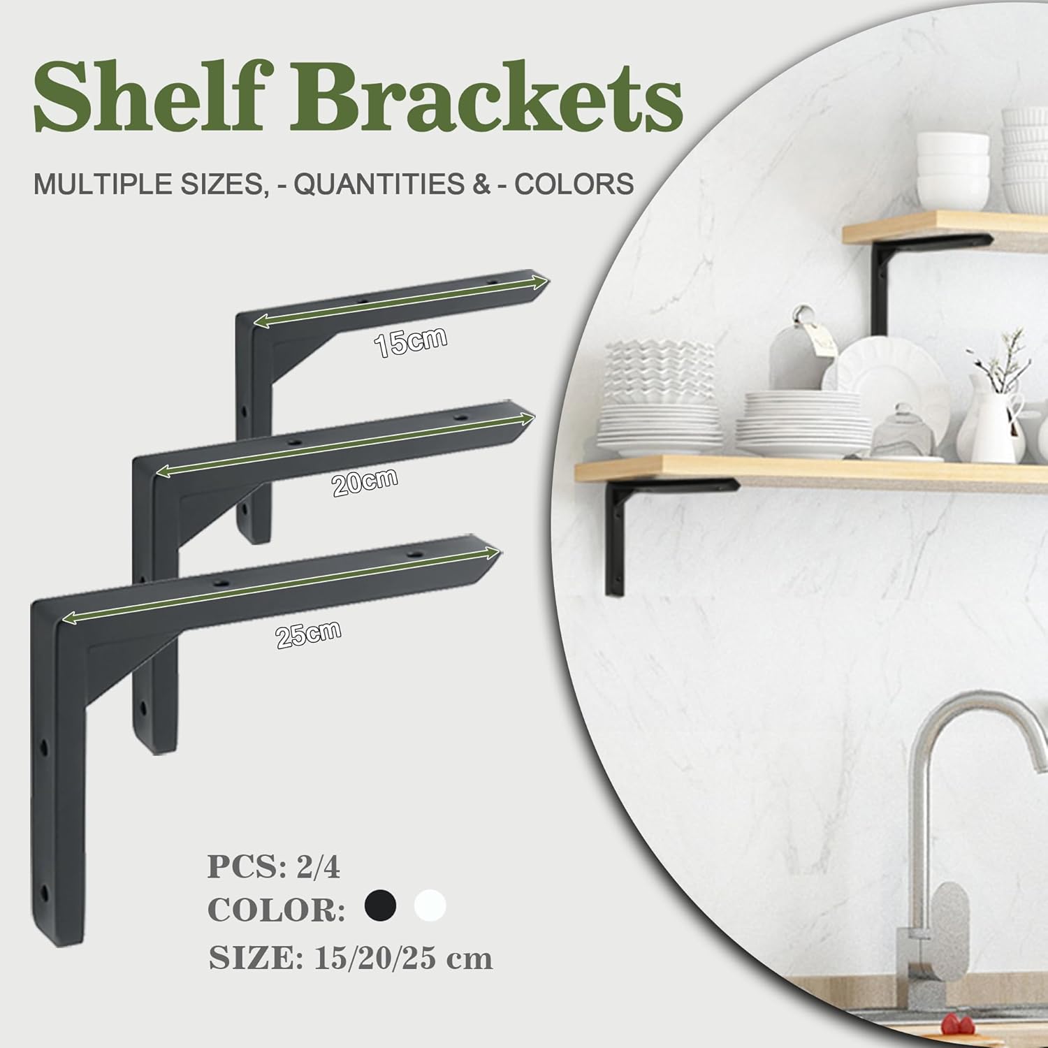 Mooche 2PCS Heavy Duty Shelf Brackets, Wall Brackets for Shelves, Stainless Steel Triangle Shelf Support with Screws for Living Room Bedroom Garage Shelving Bracket (Black, 8 Inch-2P)