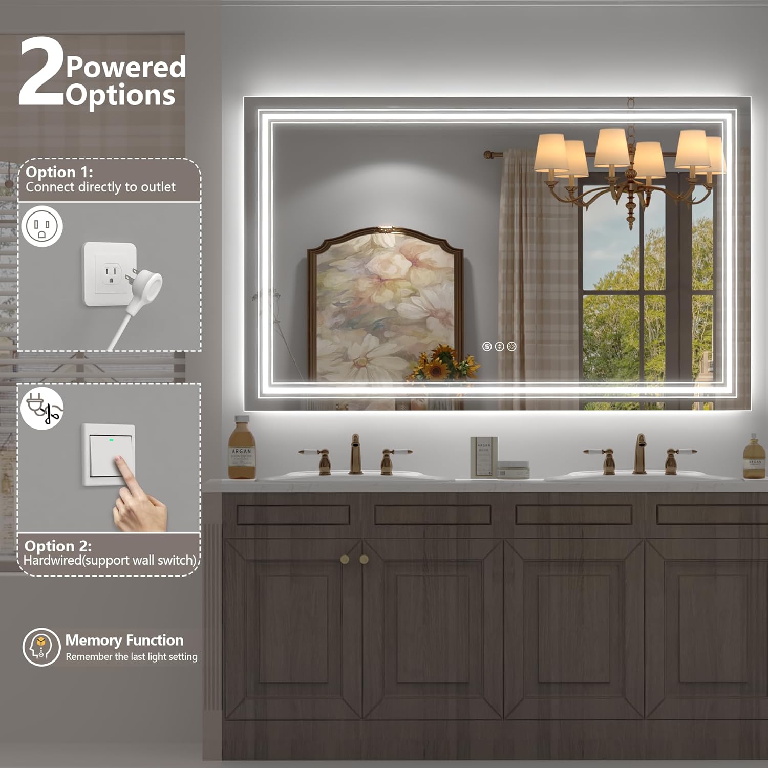 66x36 LED Bathroom Mirror, Lighted Mirror for Bathroom Wall, Backlit and Front lit, Dimmable, Anti-Fog, Shatterpoof, Memory (Horizontal/Vertical)
