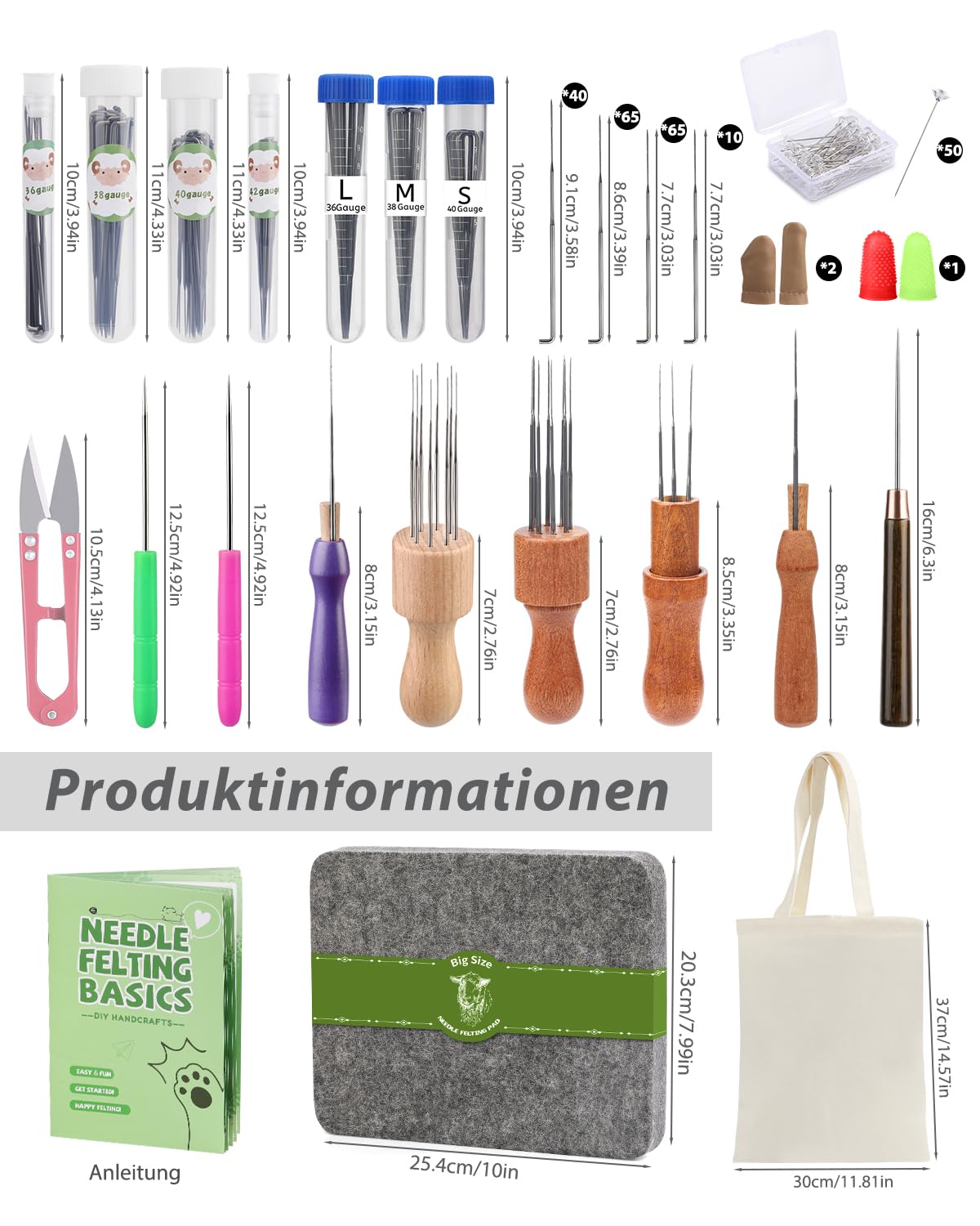 Riddur Filz Nadeln Set, Nadelfilz Set, 8×10 Zoll Filzen Pad, 90 Pcs Filznadeln, 3-Größe Holzgriff Halter, Filz Zubehör mit Aufbewahrungstasche für starterset Diy Handmade Crafts Dekoration