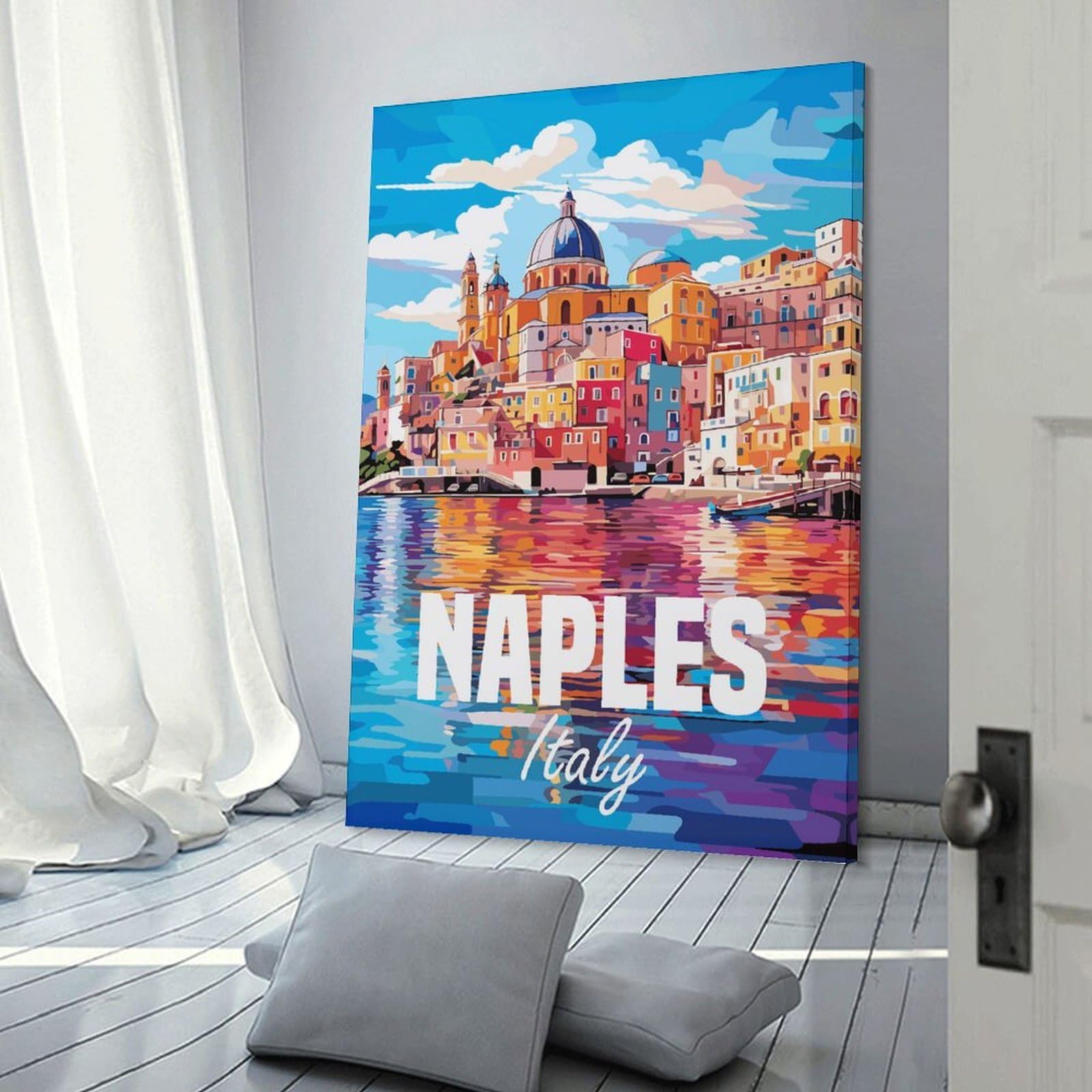 Junmoney Naples Italy Canvas Wall Picture 20x30inch(50x75cm), for Study, Office Or Focused Interiors, Home Office Artwork with Decorative Appeal