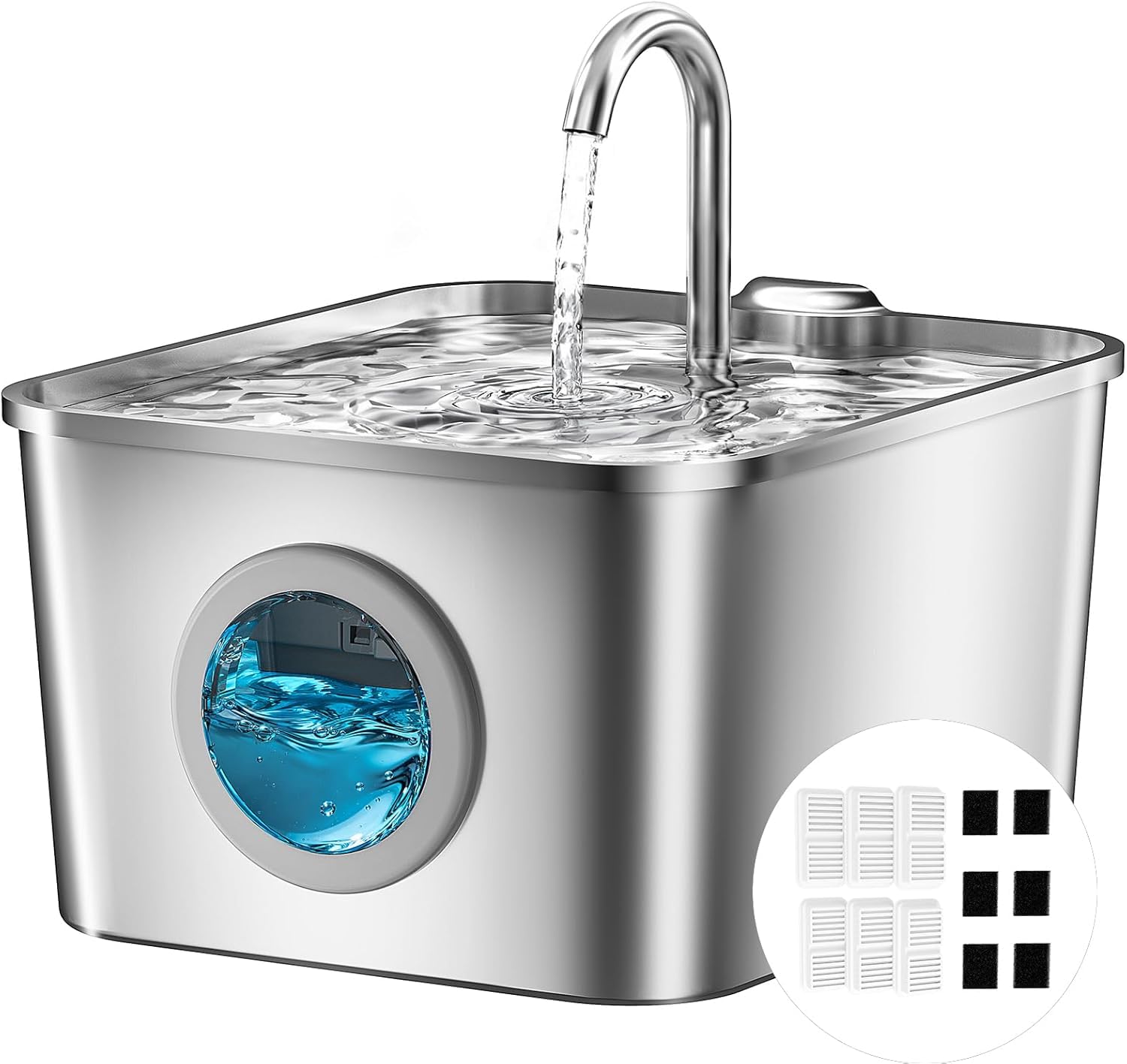 BalimoPet Cat Water Fountain for Drinking: 2.6L Stainless Steel Cat Water Fountain, Multiple Filtration Pet Water Fountain, Built-In Led, Ultra Silent with 6 Sponges and 6 Filter