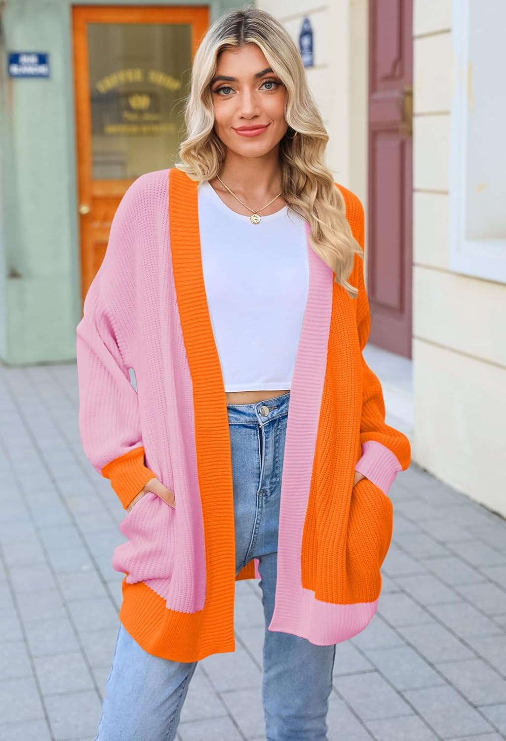 Pink Queen 2025 Fall Long Cardigans for Women Batwing Sleeve Open Front Ribbed Knit Oversized Cardigan Sweaters with Pockets