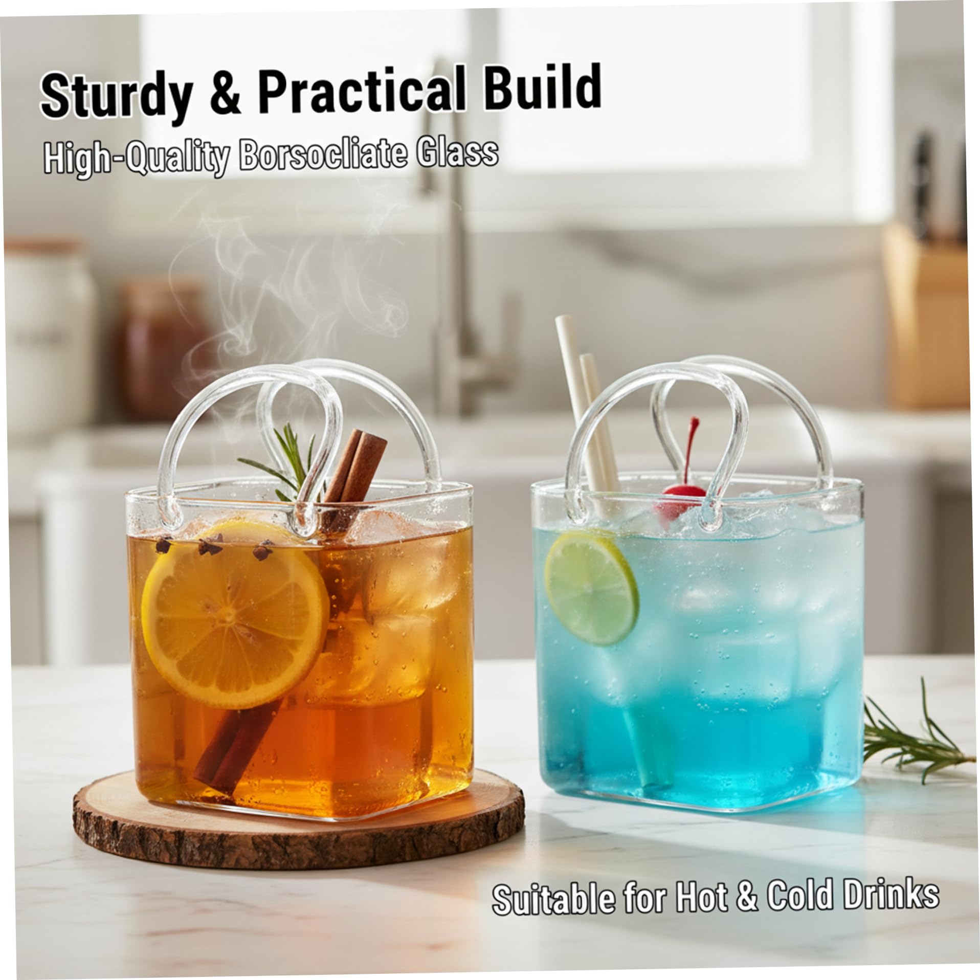 Bolso de Cristal para Bebidas 4 Vasos únicos con pajitas Bonito Bolso de cóctel con diseño de Vasos para zumos cócteles sin Alcohol y Fiestas.
