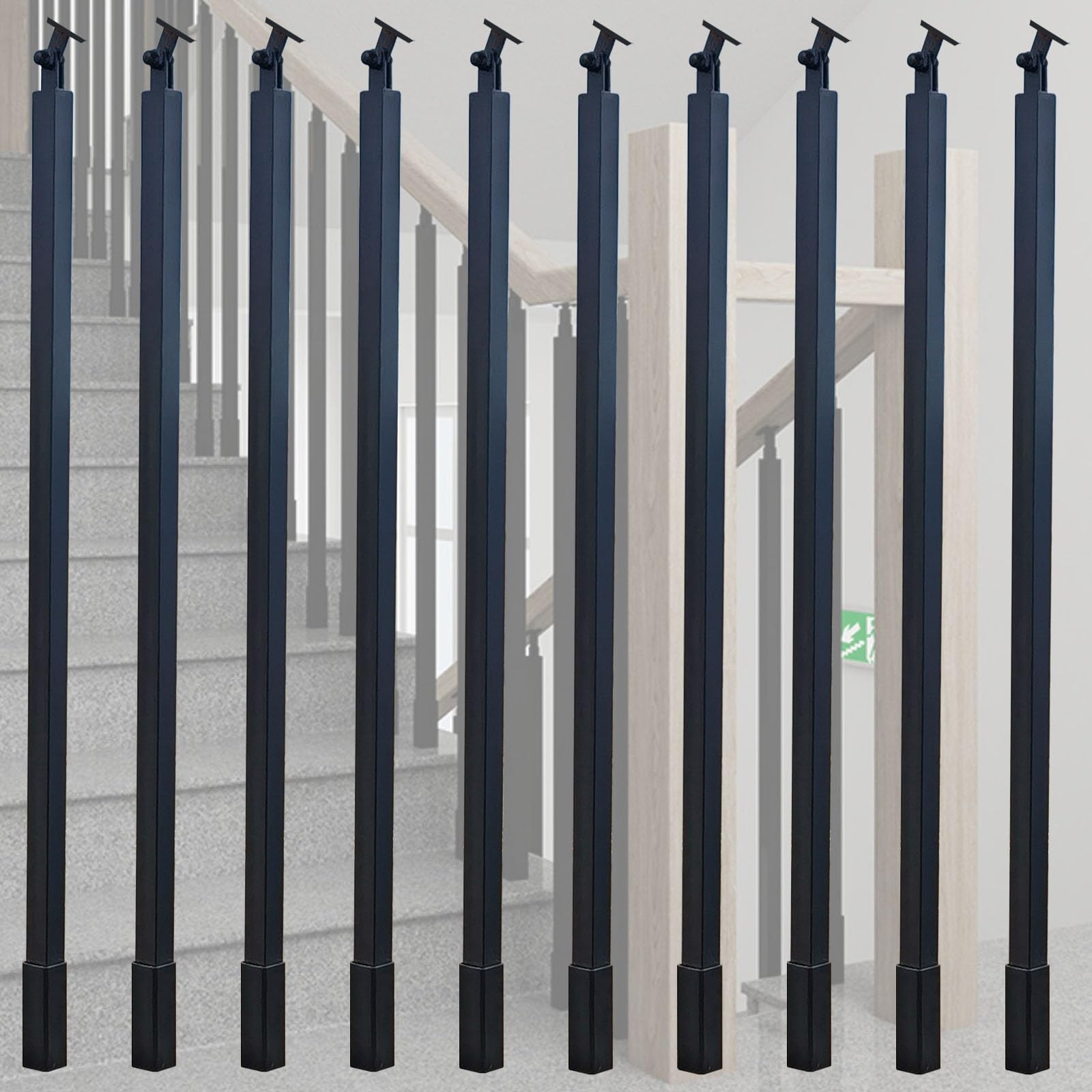 WLCGYD 30 36 42 48 51'' Metal Baluster Spindles, Interior Staircase Decks Banister Install Kit/Square Railing Post w/Bracket for Wooded Stairway Composite Steps(Black10 pcs,30in/76.2cm)