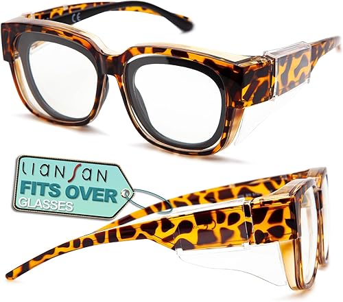 LianSan Gafas de seguridad sobre anteojos con lentes antivaho con protección UV400 con escudos laterales, certificado ANSI Z87.1