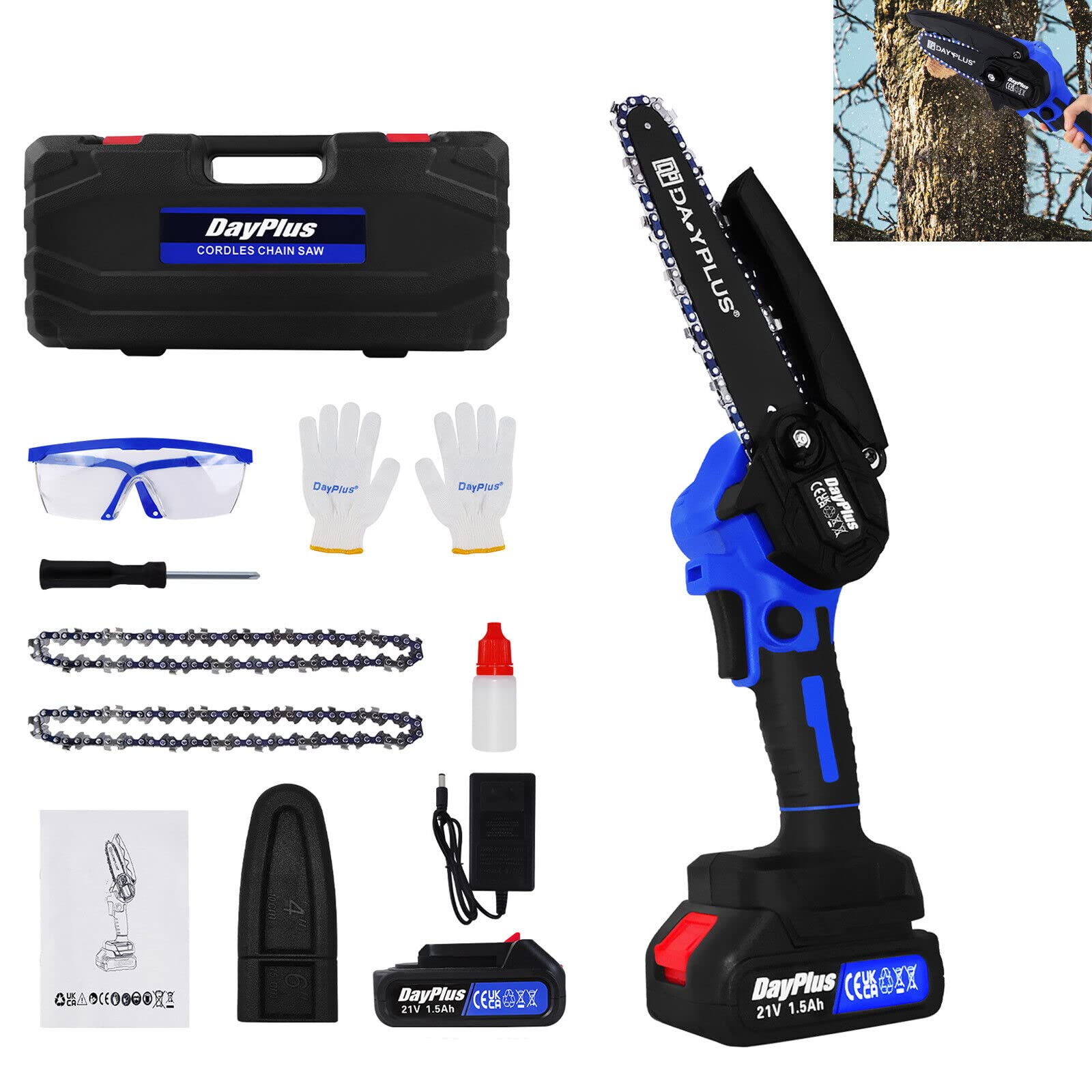 2200W Electric Cordless Wood Cutter Mini Saw Chainsaw Woodworking with 1PCS Li-Ion Battery&2 Chain, 6 Inch Guide Plate Length