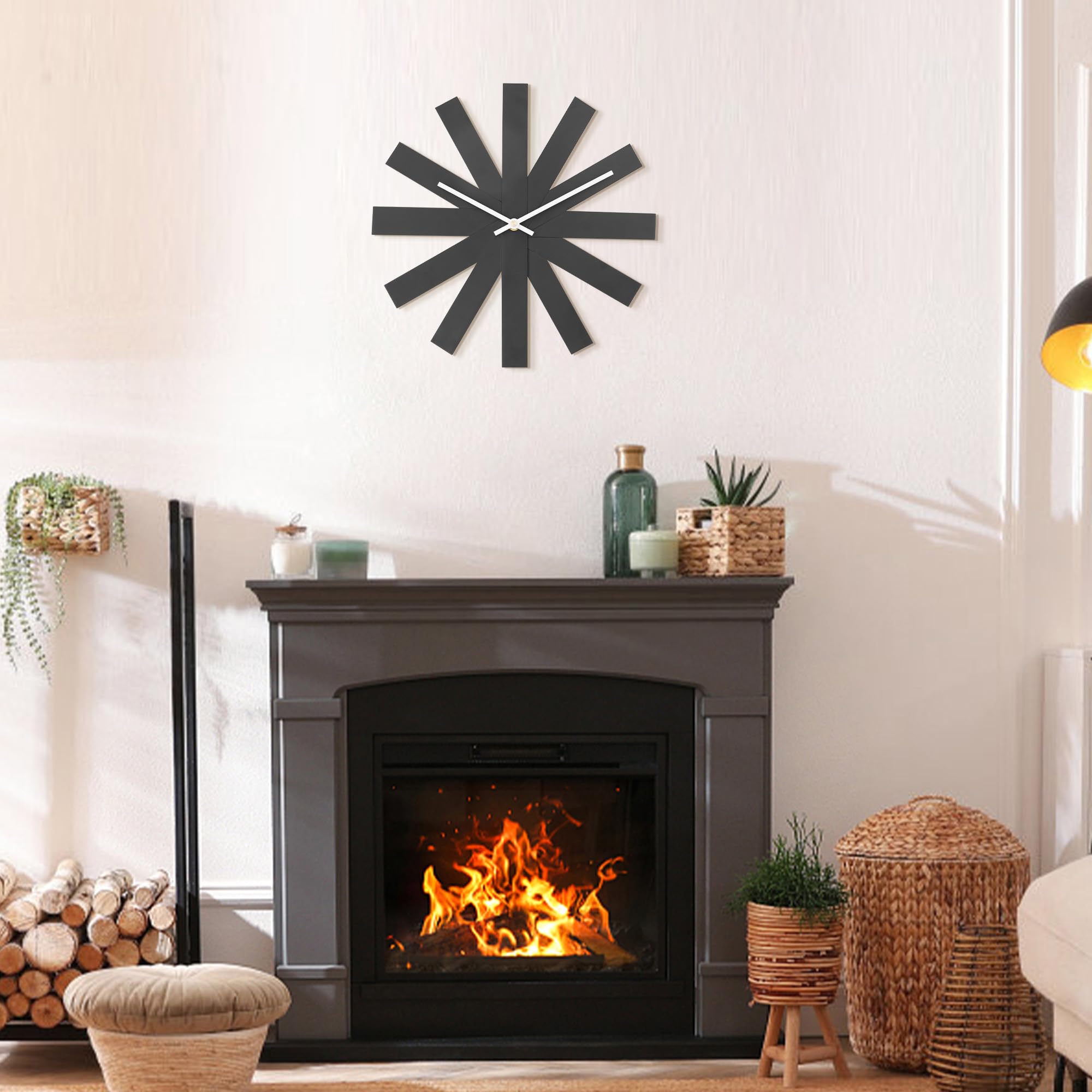 Wall Clock, 14 in Mid Century Modern Wall Clocks Battery Operated, Unique 3D Frameless Black Metal Wall Clock Silent Non Ticking for Kitchen, Bedroom, Office, Outdoor, Living Room Decor