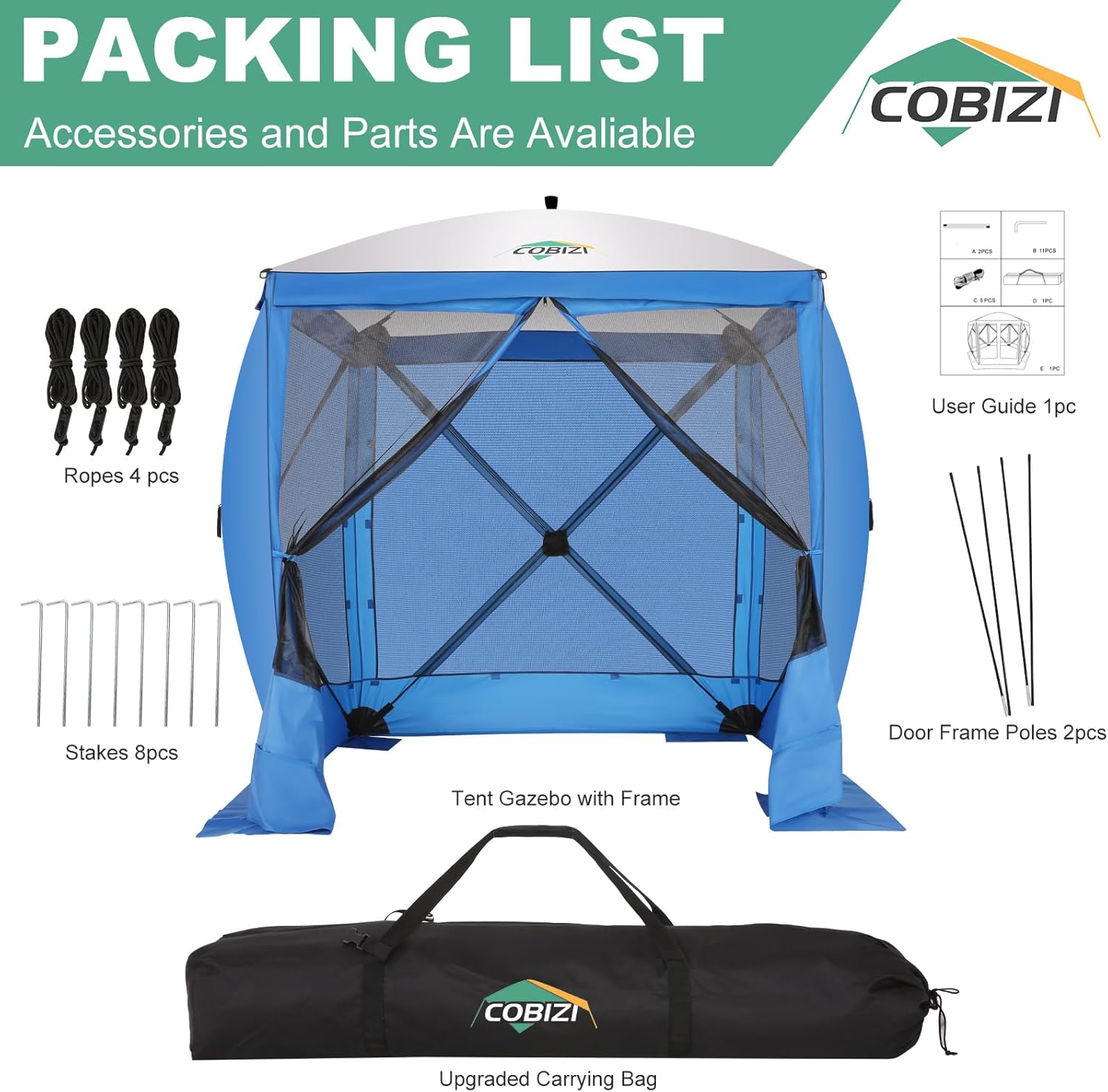 COBIZI 6x6 Pop up Gazebo Tent, Ez up Waterproof Screen Tent Screen House, Portable Outdoor Canopy Sun Shelter with Carry Bag & Ground Stakes for Camping, Garden and Picnics, Blue(Upgraded 2.0)