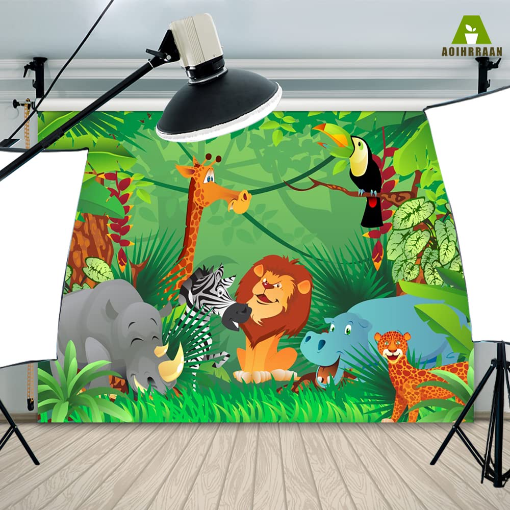 DORCEV Cartoon Zoo Backdrop Jungle Safari Party Cartoon Zoo Theme Kids Birthday Party Background Lion Tiger Panda Green Leaf Kids Party Cake Table Banner Kids Birthday Photo Studio Props - View #10