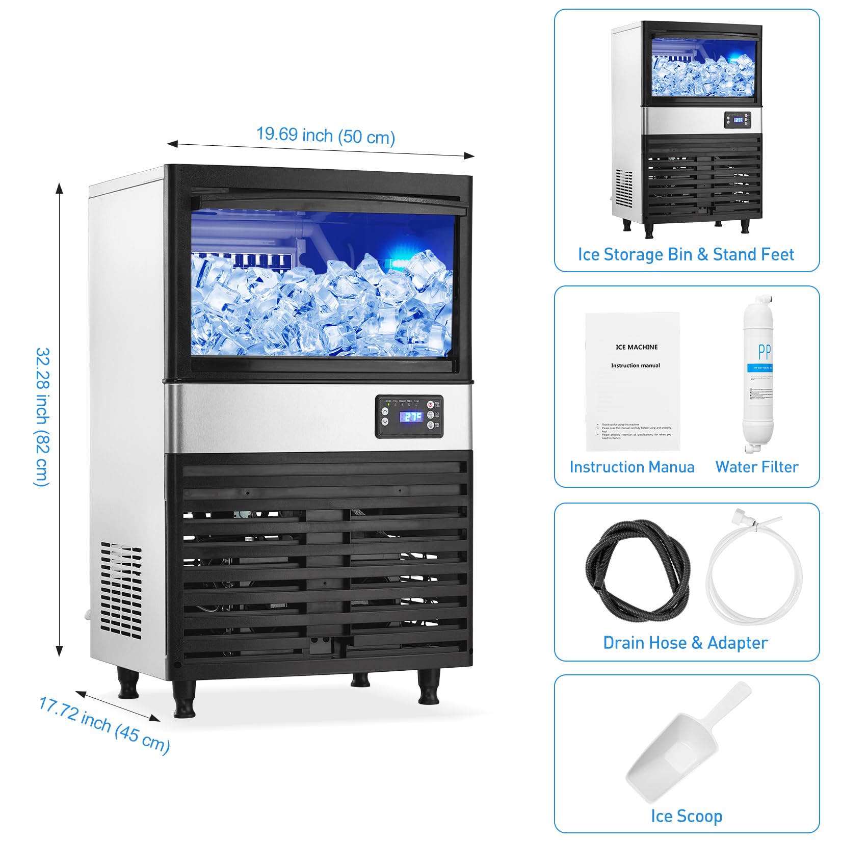 YXKJZHF Commercial Ice Maker Machine, Stainless Steel Under Counter Ice Machine, Freestanding Ice Maker, Auto Self-Cleaning for Home Office Bar Parties (100LBS) on Fridge.com