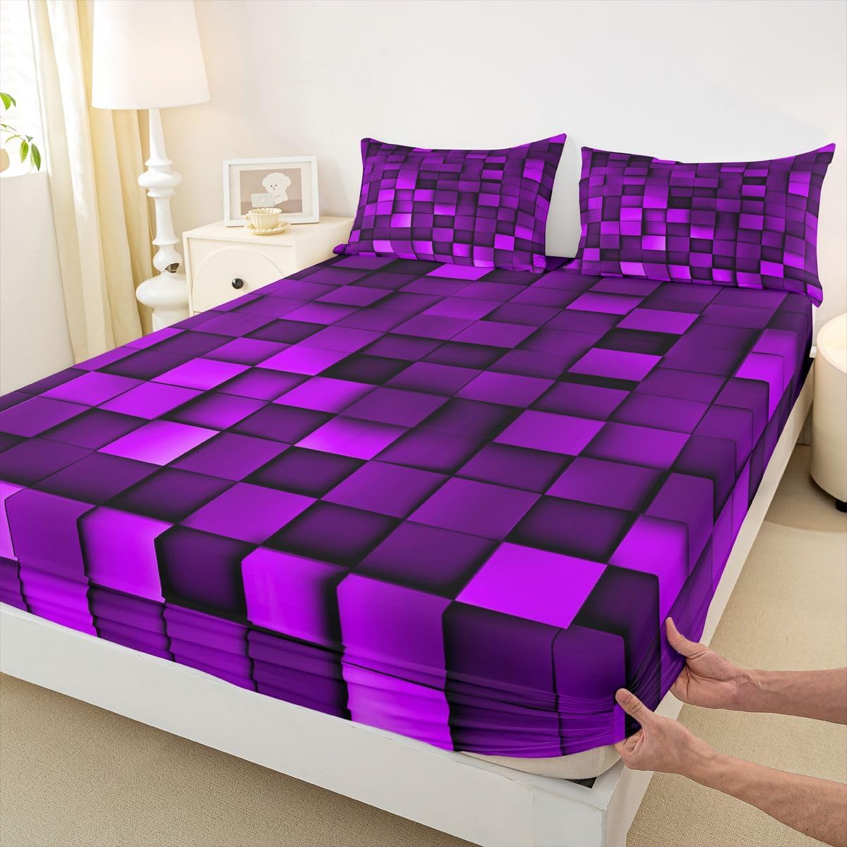 Pixelated Miners Game Kids Full Size Fitted Sheet,Geometric Check Video Games Boys Girls Bed Sheets,Gamepad Grid Modern Gaming Room Decor,Purple Bedding Set,2 Pillowcases(No Flat)