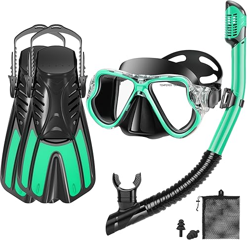 Juego de esnórquel con aletas para adultos, con máscara de vista panorámica, aletas de natación ajustables y bolsa de viaje, equipo de esnórquel