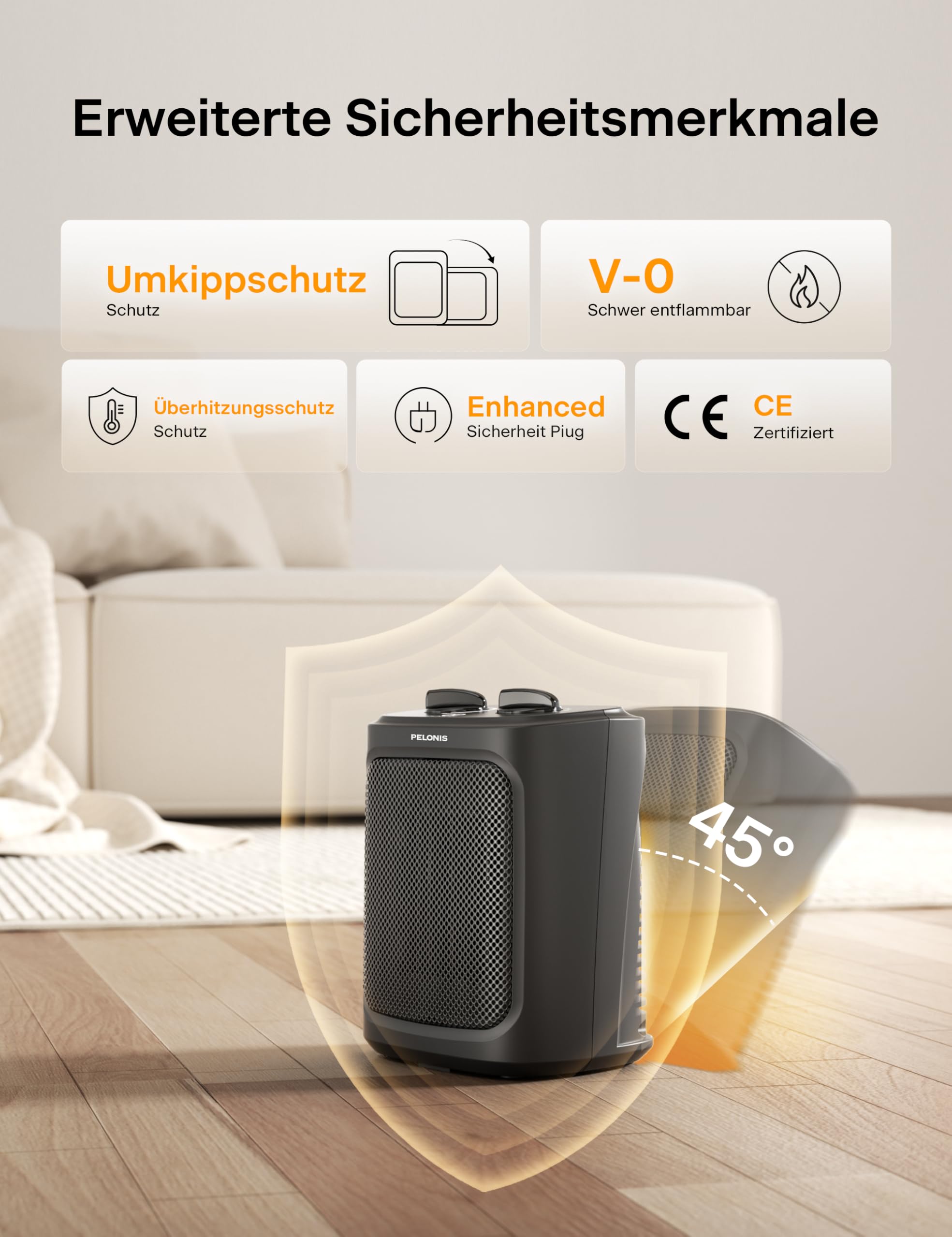 Pelonis Mini Termoventilatore 2000W con Due Livelli di Calore, Riscaldatore Elettrico in Ceramica per il Bagno, Controllo della Temperatura, Riscaldamento per Ufficio