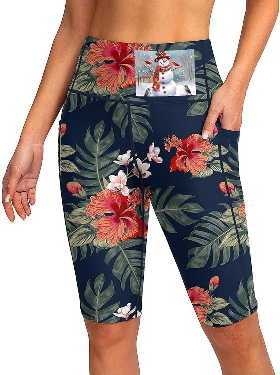 Christmas Snow Man and Birds Swim Shorts with Pockets, Bottoms Swimwear, Women's Swim Pants Blue Color Scheme, Bathing Suit Leggings XX-Large (xx_l)