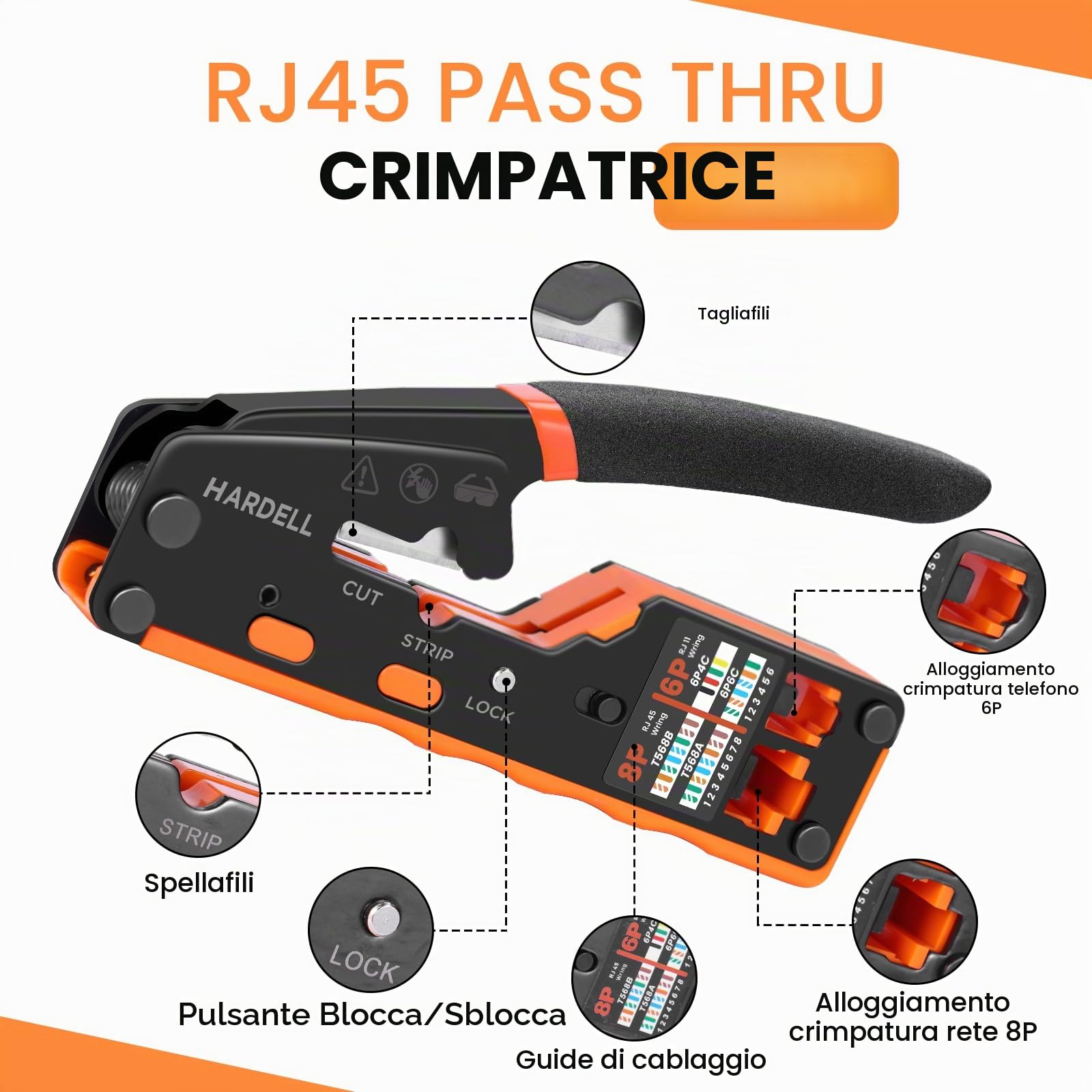 HARDELL Pinza Crimpatrice RJ45, Crimpatore Ethernet Passante per Connettori RJ11/RJ45 Cat5/Cat6, Kit Completo con Schema di Cablaggio, Lame di Ricambio, Guaine, Tester e Batteria