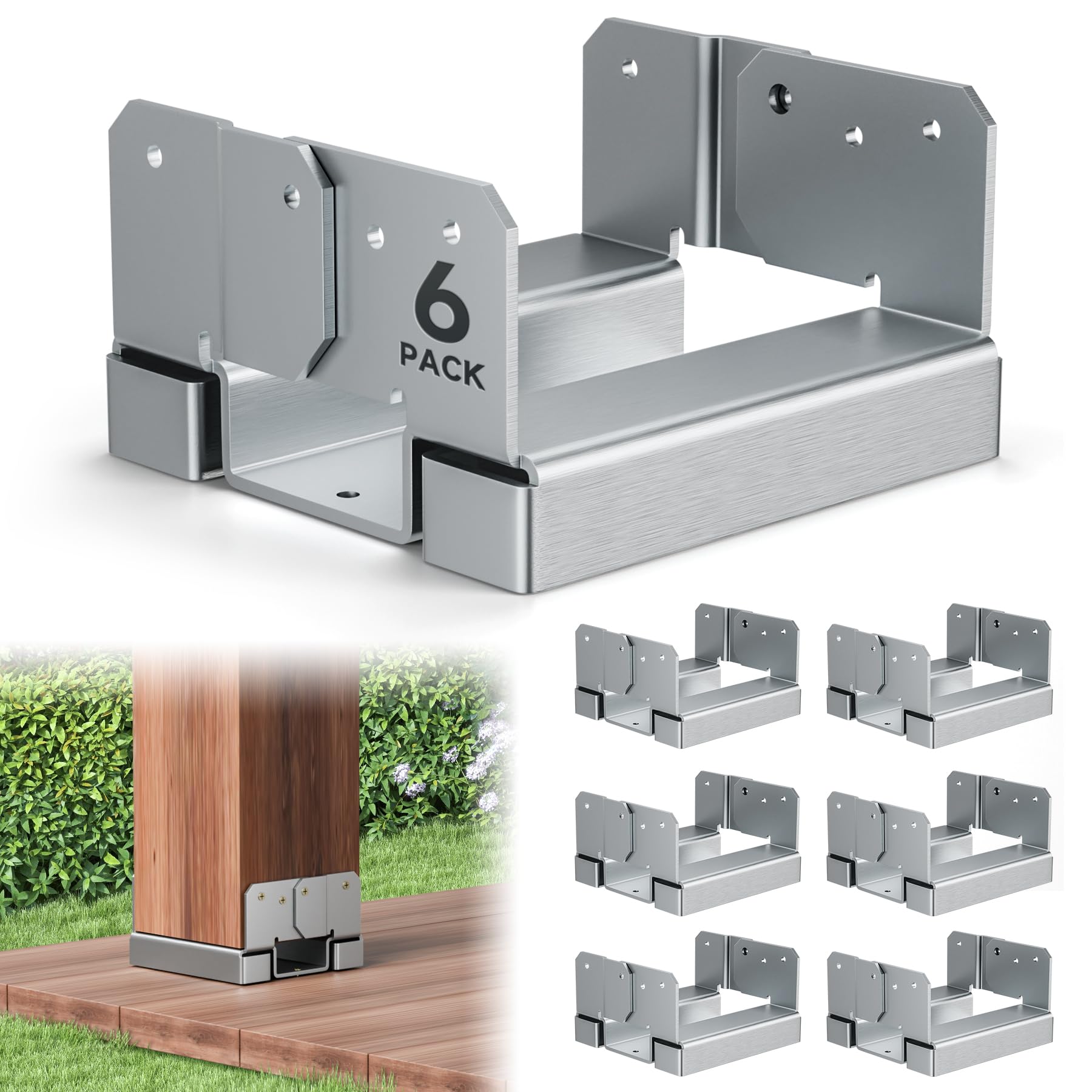 6x6 Post Base Brackets Heavy Duty, 6x6 Post Base for Concrete, Galvanized Decking Post Anchors Wood to Concrete for Deck, Pergola, Fence, Gazebo (Galvanized- 6 Pack)