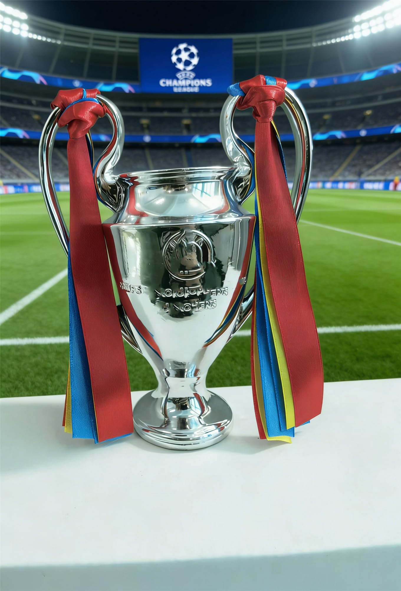 Réplica de trofeo de la Liga de Campeones, plata, 3 16 cm, 32 cm, 44 cm, con cintas rojas, amarillas y azules, regalo coleccionable