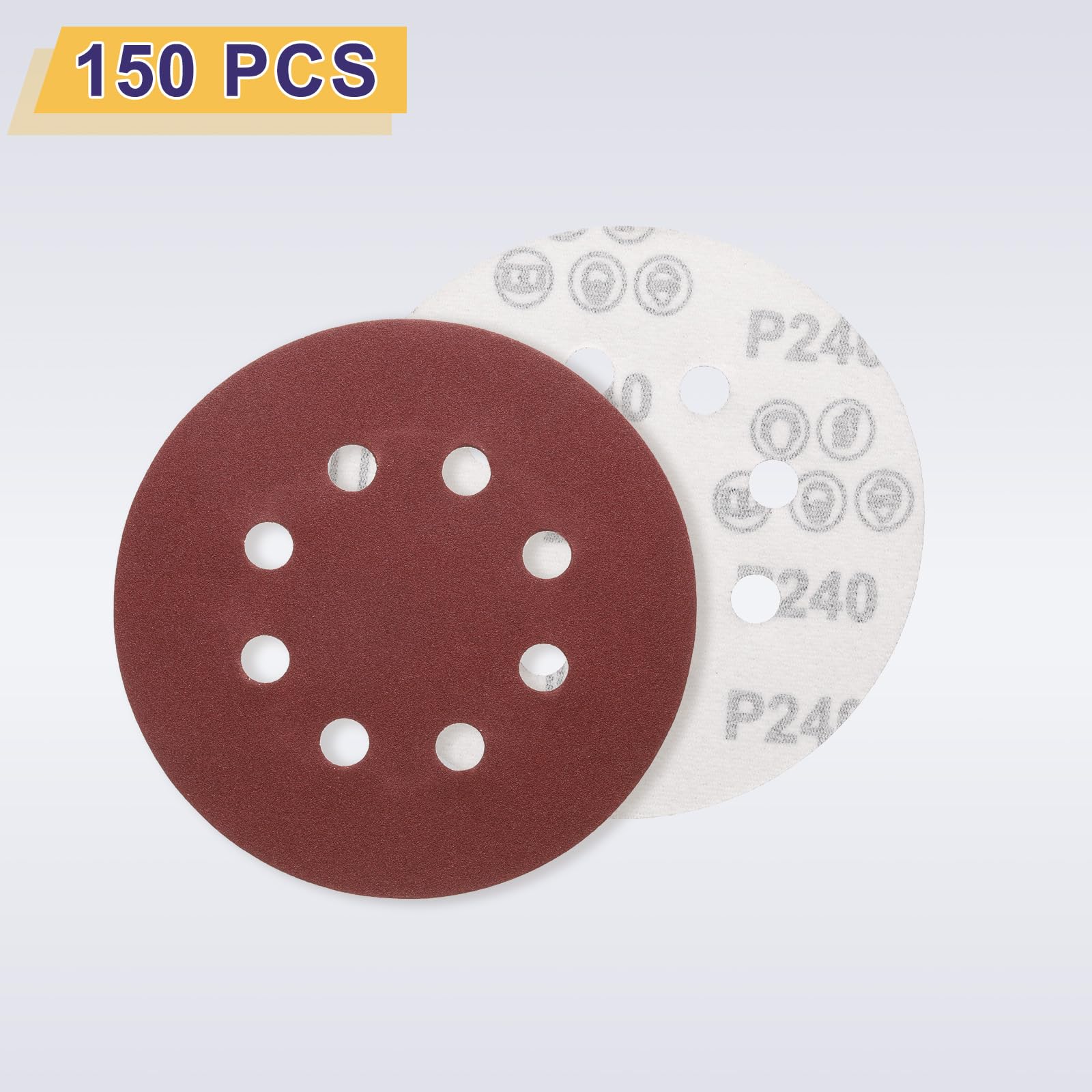 QUARKZMAN 150pz Dischi Abrasivi con Gancio e Anello da 5" a 8 Fori 240 granulosità in Ossido di Alluminio Carta per Levigatrice Orbitale Casuale Lavorazione del Legno Levigatura, Rosso