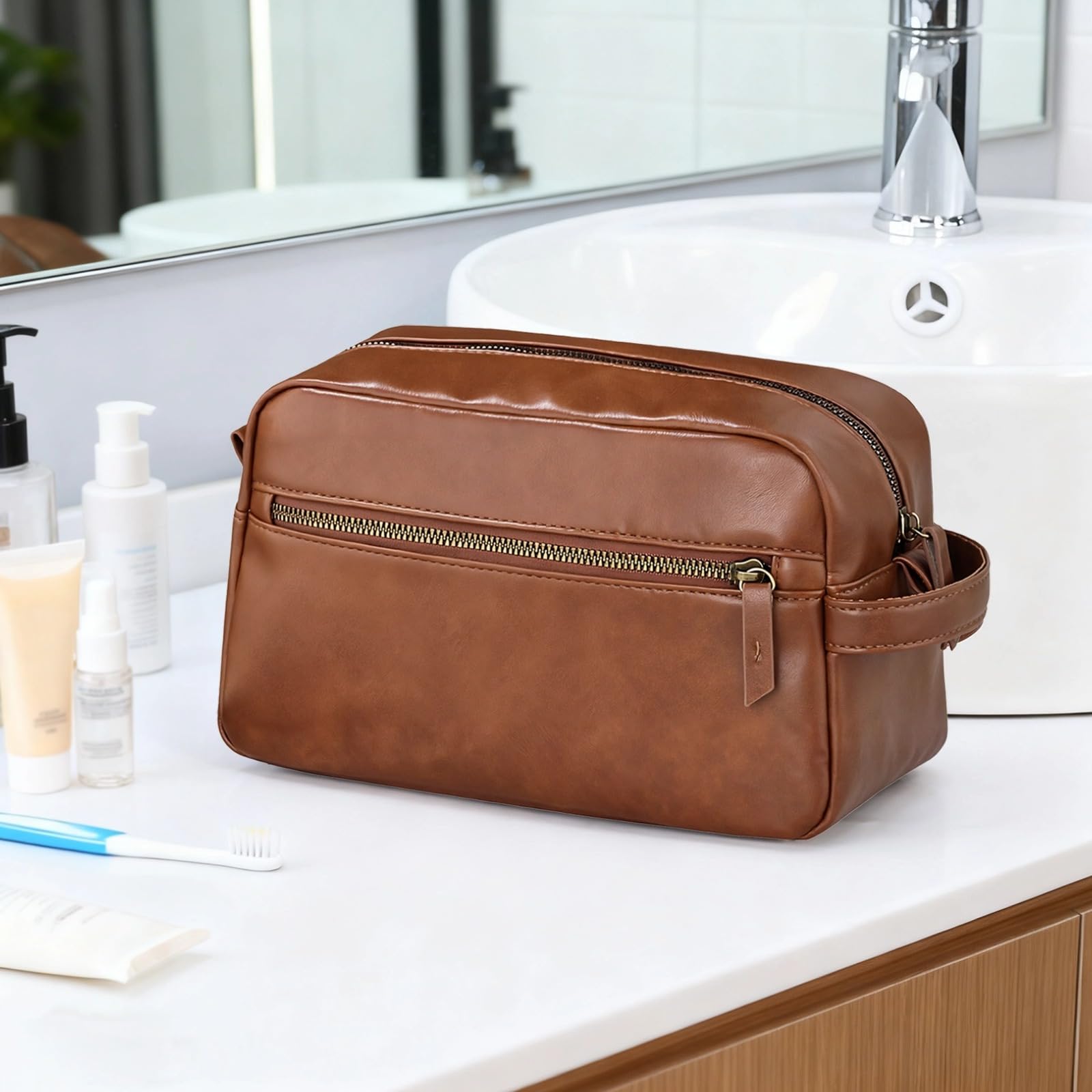 Neceser para hombre de piel sintética marrón de 25 x 10,5 x 14,5 cm, bolsa de aseo de viaje, bolsa de aseo con múltiples compartimentos, para viajes de negocios y uso diario