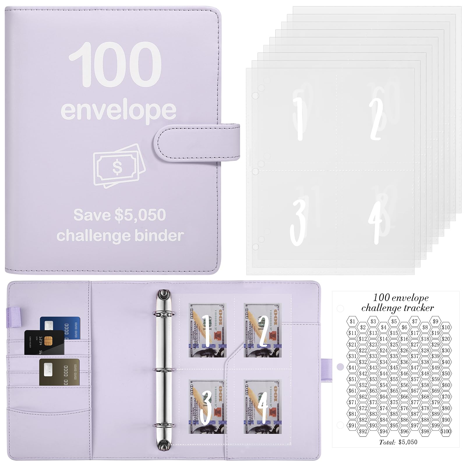 100 Envelopes Money Saving Challenge Binder with Reusable Laminated Tracker, Budget Book with Cash Envelopes, Easy and Fun Way to Save $5,050 (Purple)