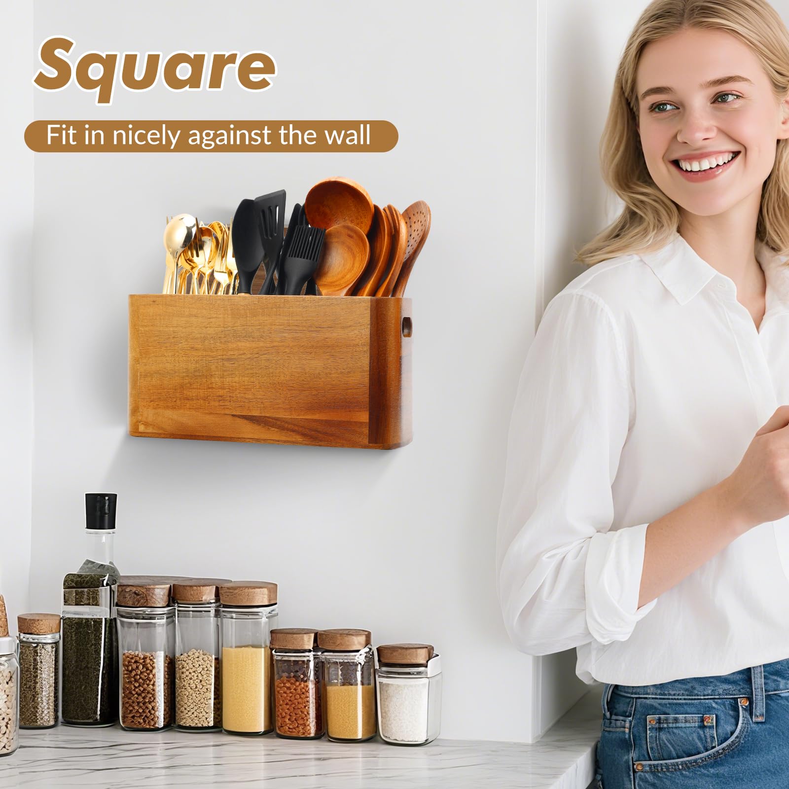 Uchwyt na przybory kuchenne na blat lub blat, bardzo duży organizer z drewna akacjowego z 3 przegródkami, drewniany schowek do gotowania i sztućców, rustykalny minimalistyczny wystrój, solidny garnek