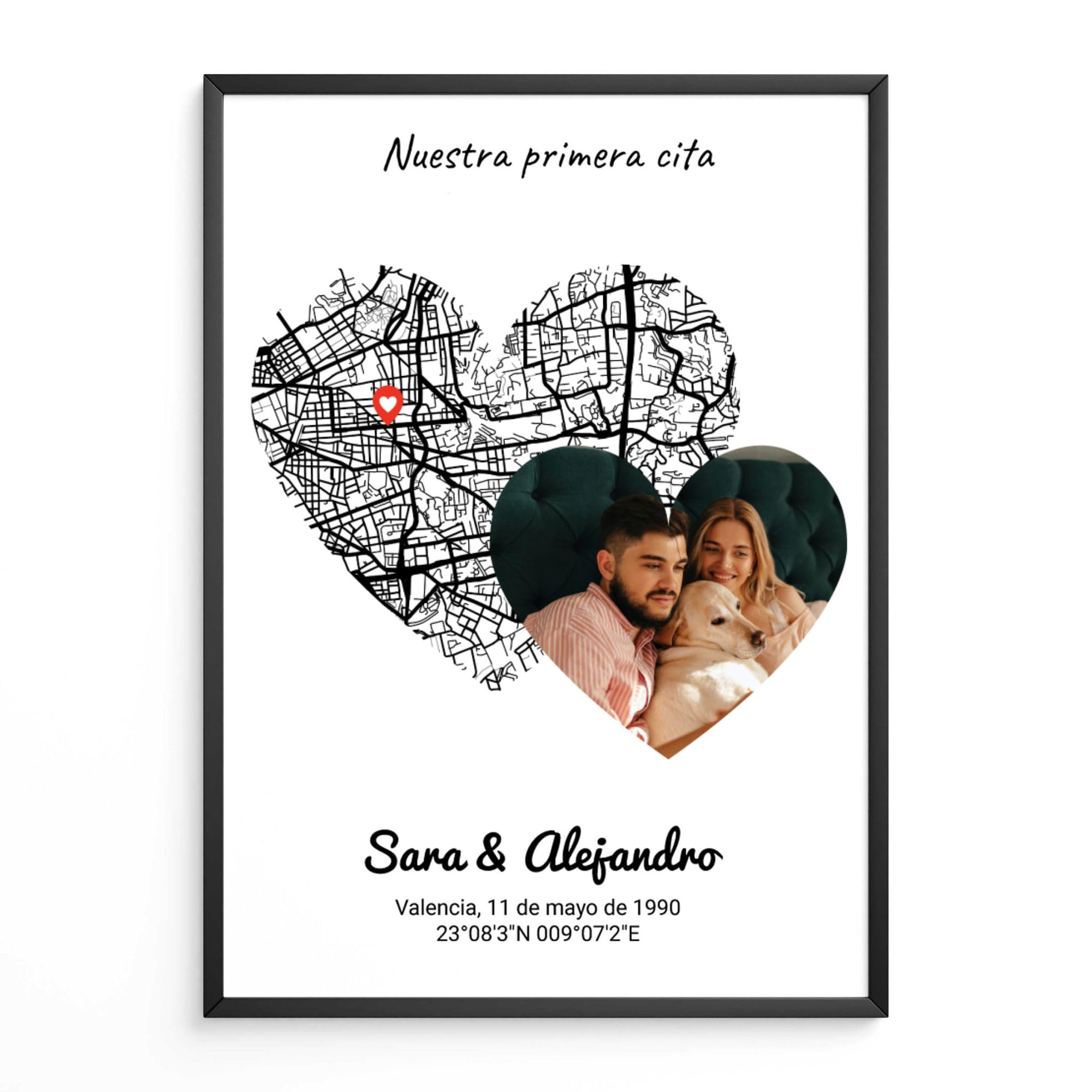 Póster personalizado lugar de encuentro para parejas, regalo para parejas, hombre y mujer, cartel de mapa de la ciudad, donde todo empezó, cumpleaños, San Valentín, boda, marco personalizable (corazón
