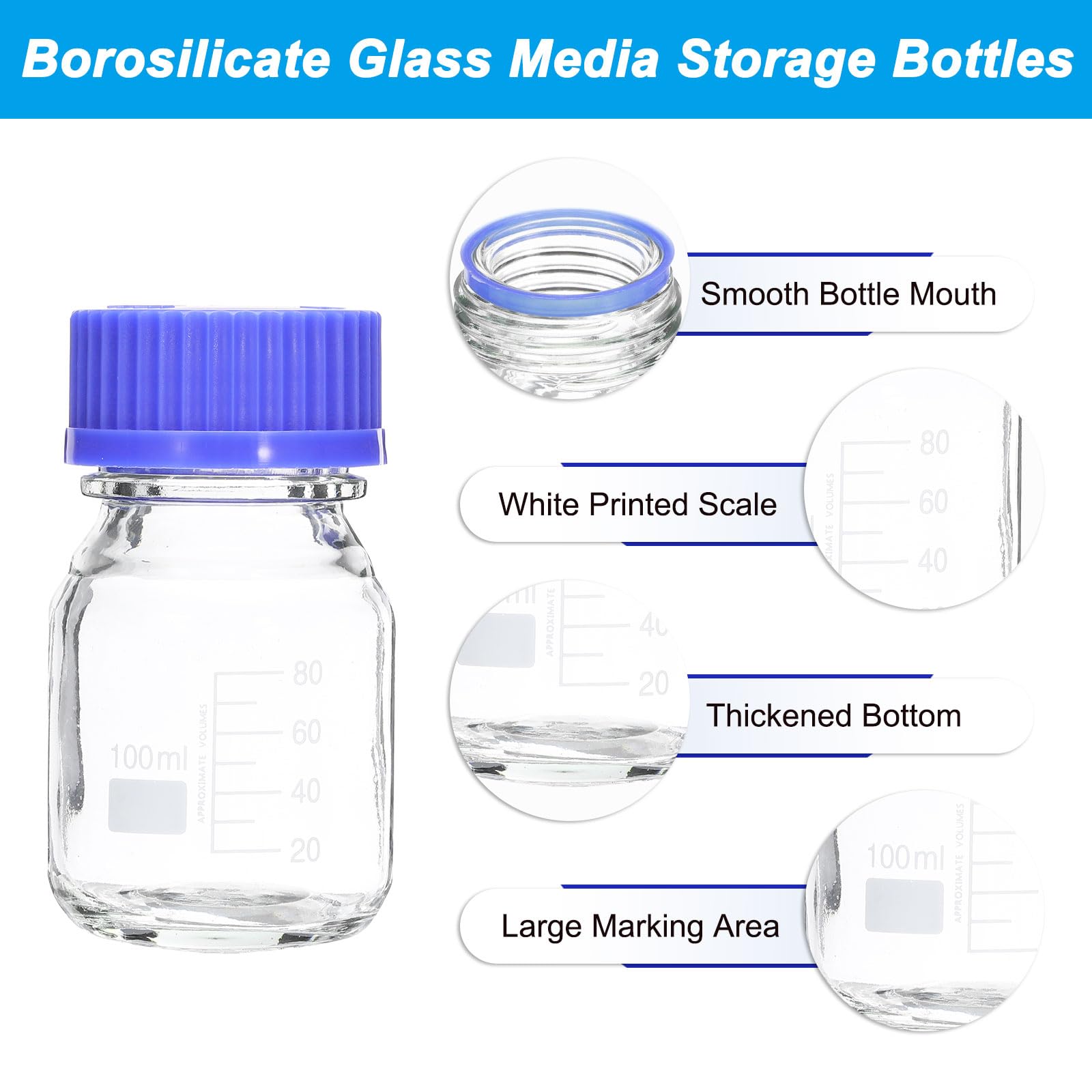 PATIKIL 12 Pack Bouteilles De Stockage De Milieu Réactif, 100ml Bouteilles Graduées En Verre Borosilicate Avec Bouchon À Vis Bleu GL32 Pour Liquides Réactifs De Laboratoire, Transparent