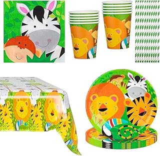 Ensemble de fête Animaux -Lion- Jungle - Zèbre, 69Pcs Ensemble de Vaisselle de Fête Enfants Coloré, Décoration de Table Vaisselle de Fête Assiettes d'Anniversaire pour Enfants Tasses Serviettes