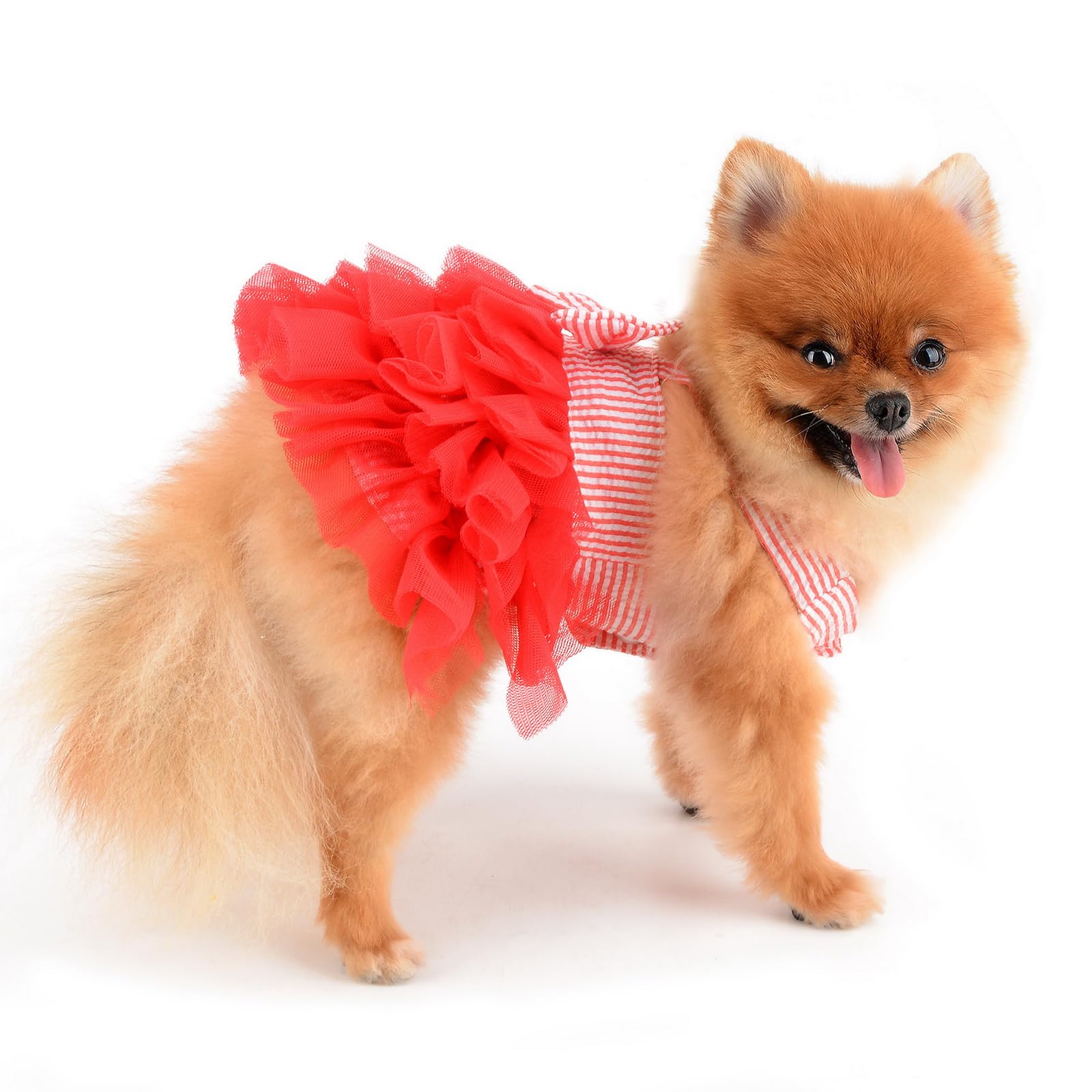 PAIDEFUL Small Dog Dress Striped Denim Organza Bow Beads Tutu Skirt Summer Soft Comfortable Breathable Puppy Clothes Sleeveless Button Cats Costume Birthday Party, Red, XXL