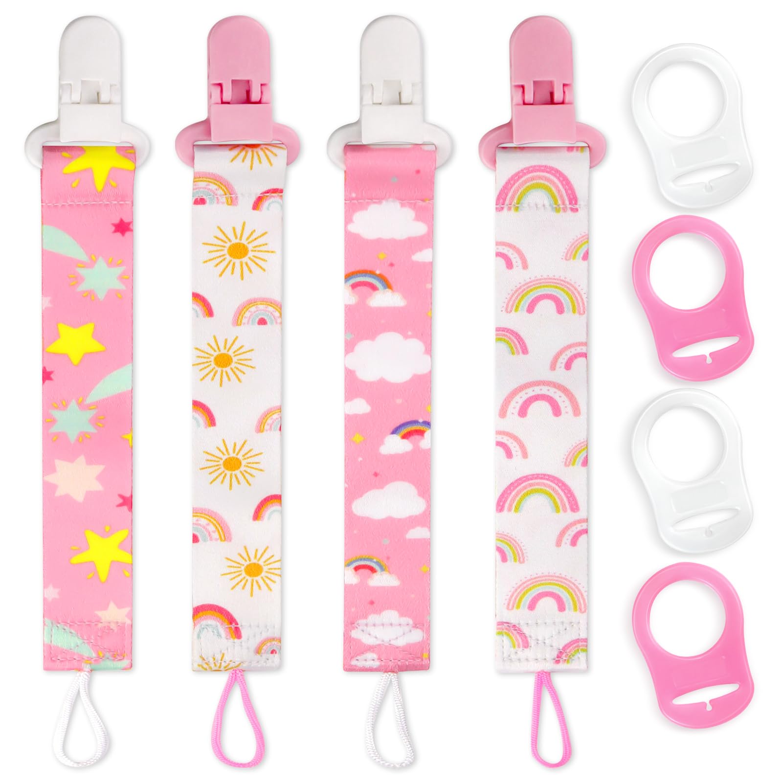 4 Pezzi Ciuccio Catena per Bambini, Catenella Porta Ciuccio con 4 Pezzi Ciuccio Clip Adattatore per Neonato per Nascita Battesimo Baby Compleanno Natale Regalo (rosa)