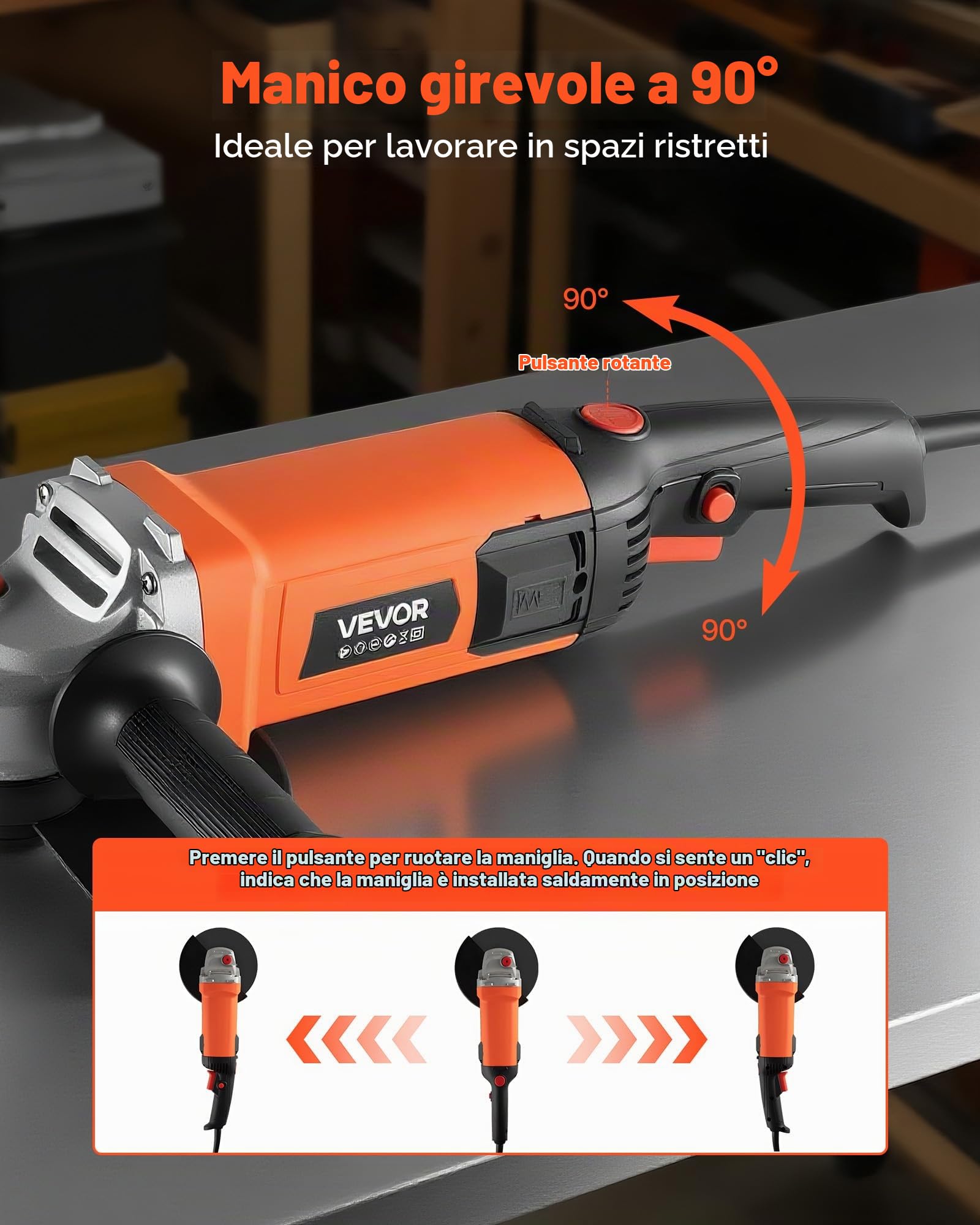 VEVOR Smerigliatrice Angolare, da 177,8 mm, con Cavo ad Alta Velocità 8500 giri/min con Protezione Antipolvere Regolabile, Smerigliatrice Angolare per Levigatura di Metalli, Disco non Incluso