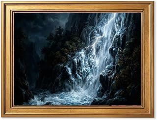 Stormy Waterfall Lightning Gold Framed Canvas Print Wall Art Decor | Moody nature landscape with elegant vintage frame, waterproof canvas for striking home wall. 24"L x 36"W