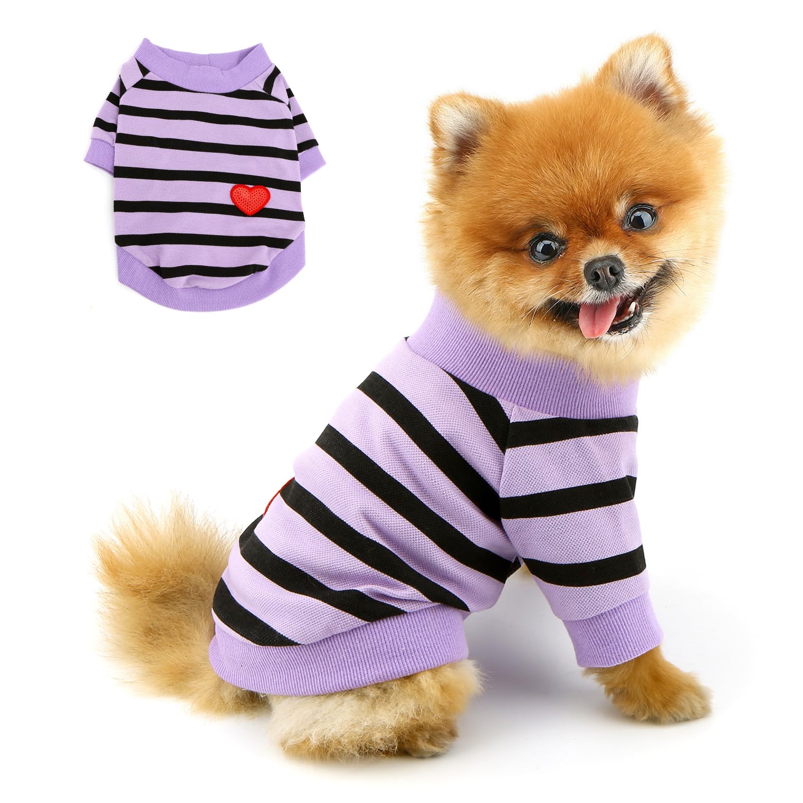 PAIDEFUL Striped Dog Shirt for Small Dogs, Soft Cotton Jersey Puppy T-Shirt with Sequins Heart, Breathable Short Sleeve Summer Pet Vest for Chihuahua Yorkie Cats,Lavender,L