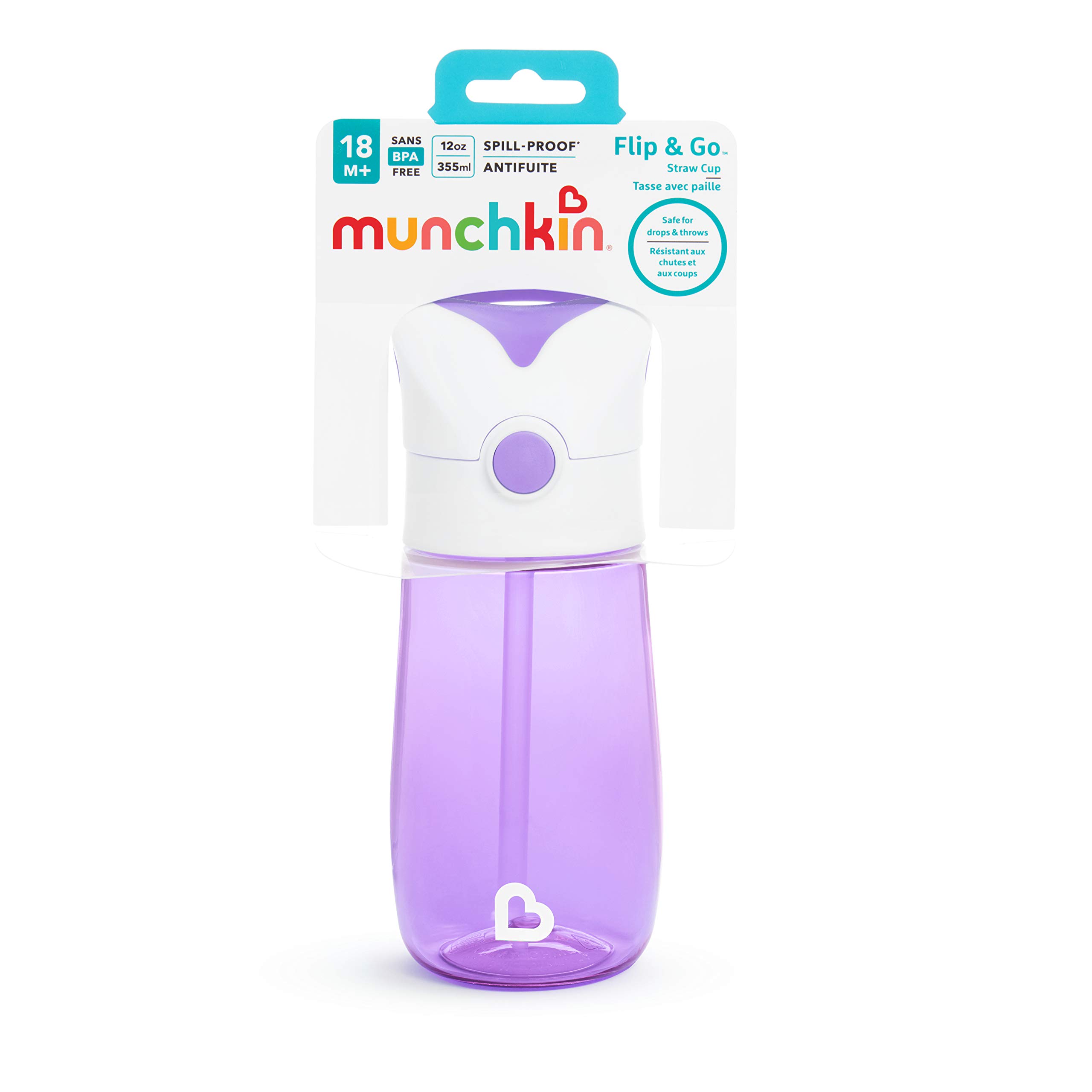 Munchkin Flip & GoBottiglia d'Acqua per Bambino con Cannuccia, Tazza per bambini 355ml, Design senza perdite, Bottiglie per bambini per ragazze e ragazzi 18m+,​Materiale durevole, Viola