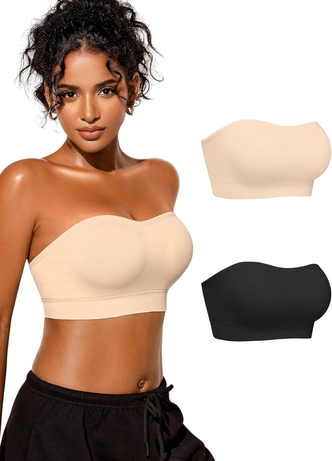 Strapless Bras for Women, S-XL, Non-Slip Silicone Padded Bandeau Bra with Free Clear Strap, Wireless Tube Top Bralette