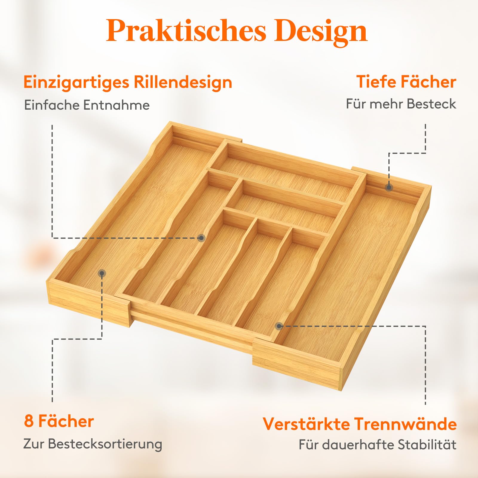 Lifewit Besteckkasten für Schubladen, Tiefe 47 cm, Ausziehbarer Besteckeinsatz Breite bis zu 50 cm, Küchenschubladeneinsatz Schubladen Organizer, Bambus Besteckhalter für Löffel/Gabeln/Messer